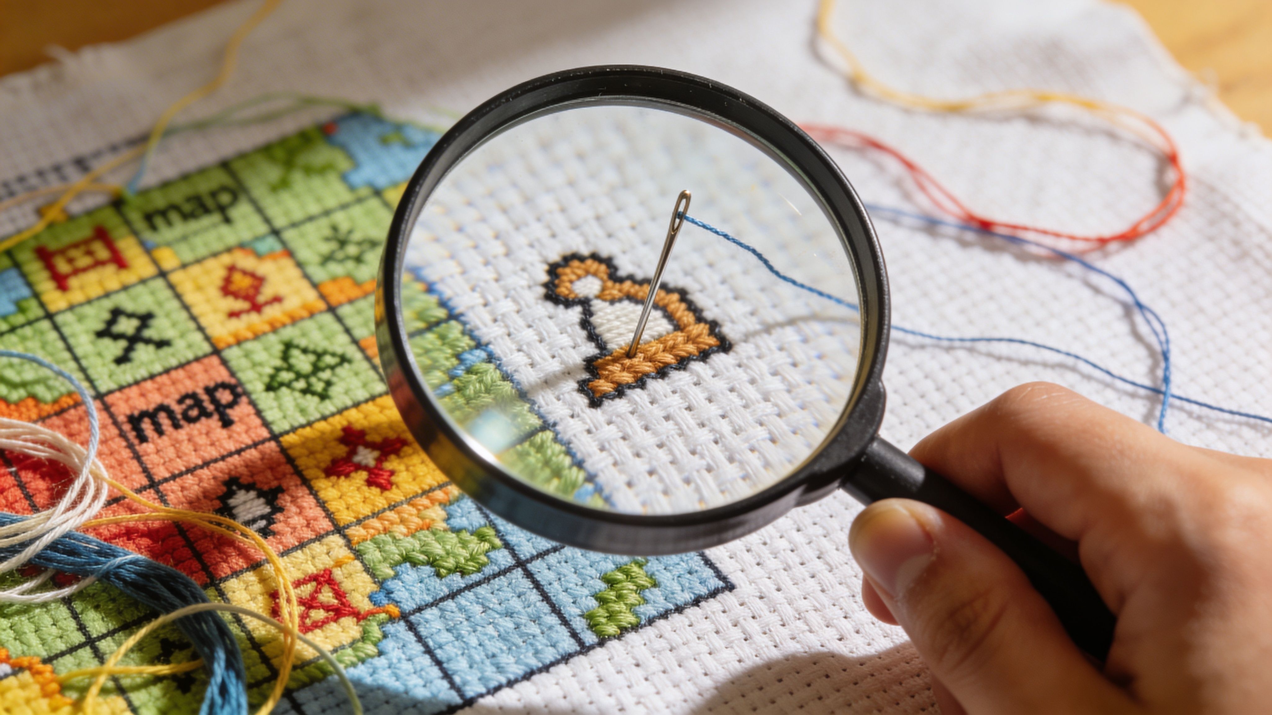 A close-up view through a magnifying glass of a hand stitching intricate cross stitch patterns on fabric.