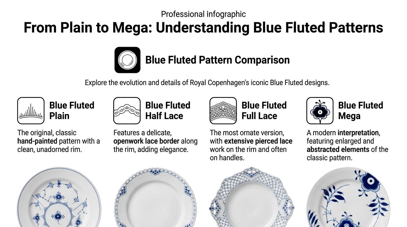 An infographic comparing four distinct Royal Copenhagen Blue Fluted porcelain patterns including Plain, Half Lace, Full Lace, and Mega.