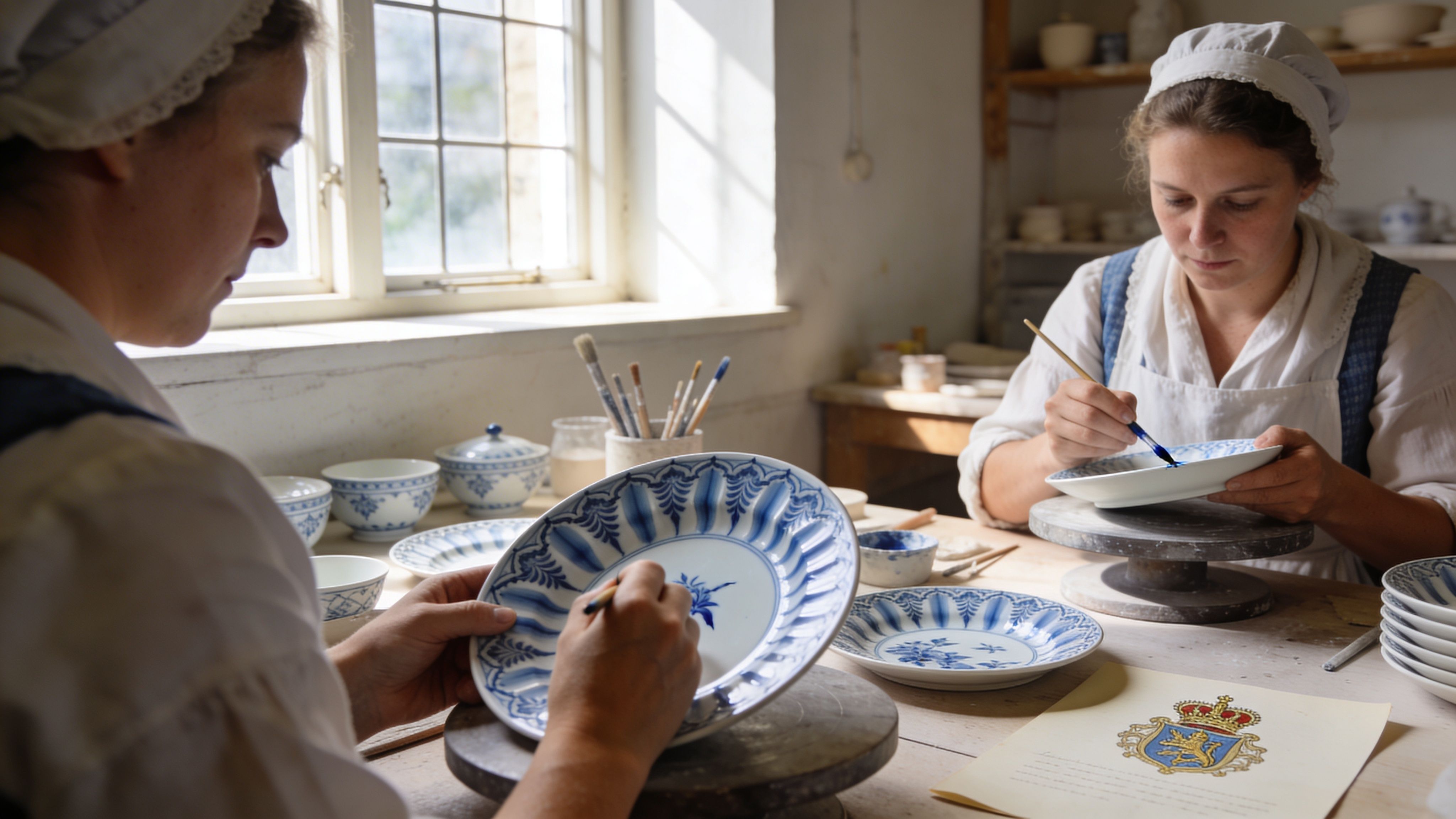 Two women wearing historical clothing painting delicate blue floral patterns onto white porcelain plates in a workshop.