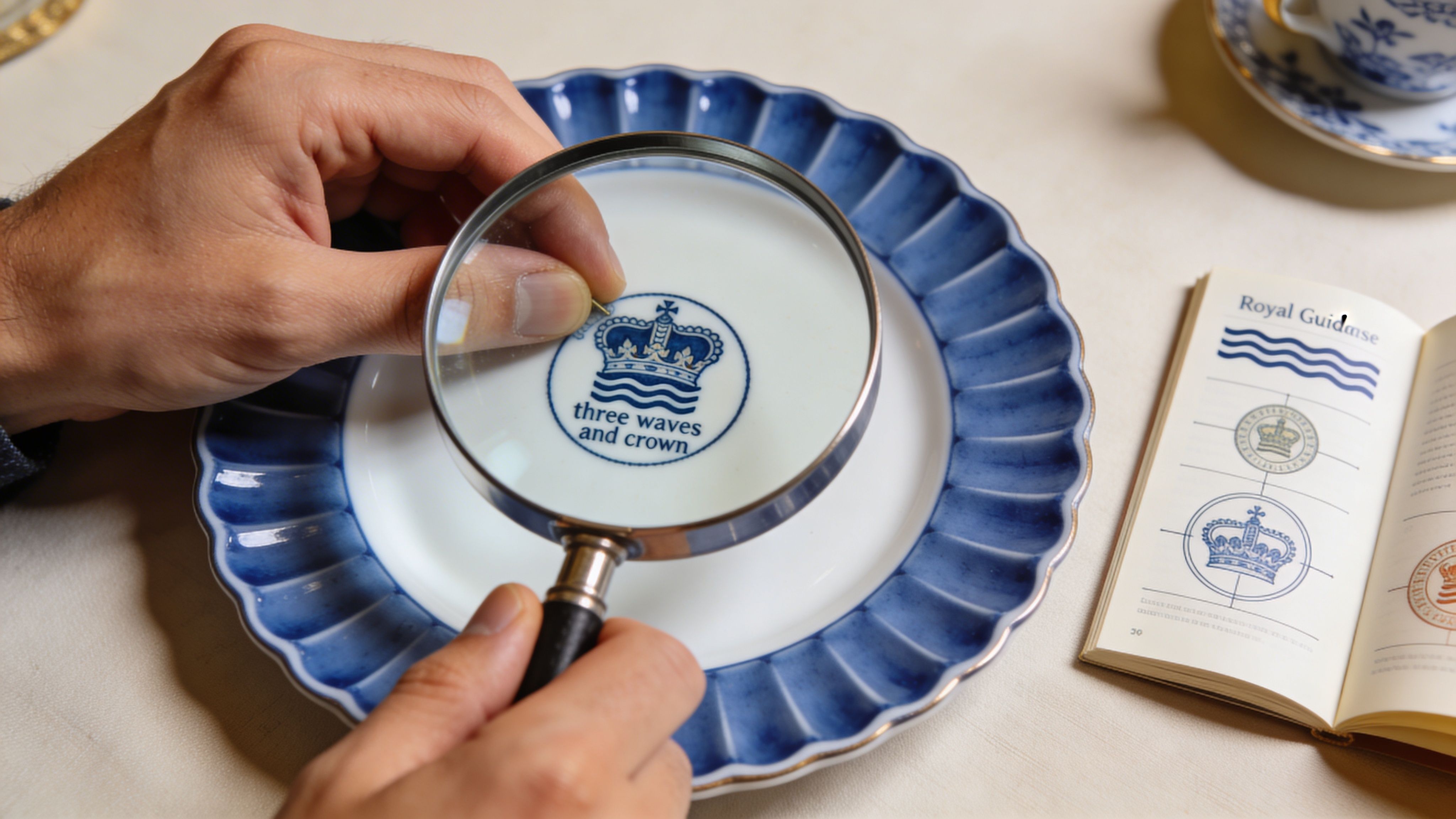 A close-up view of a person using a magnifying glass to inspect a royal copenhagen plate mark.