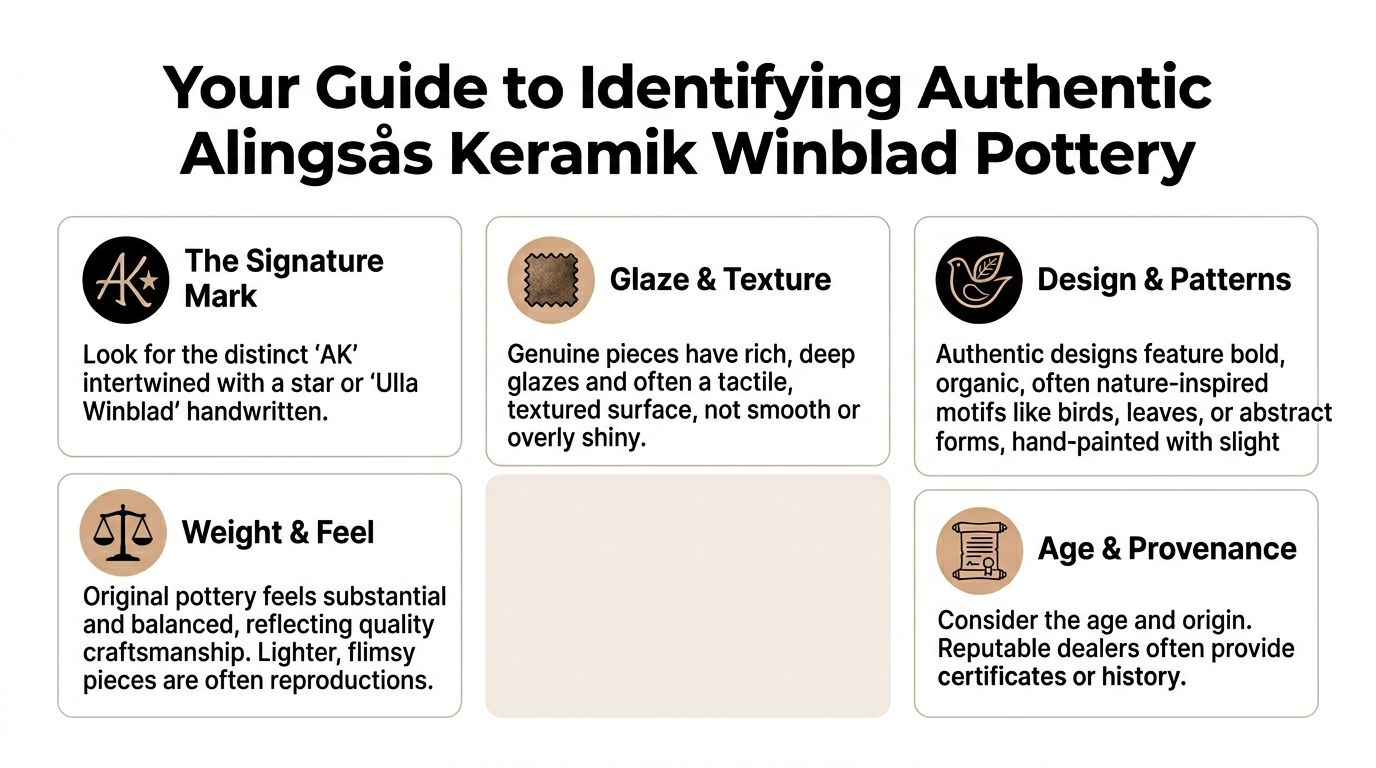 An infographic titled Your Guide to Identifying Authentic Alingsås Keramik Winblad Pottery featuring four identification criteria boxes.
