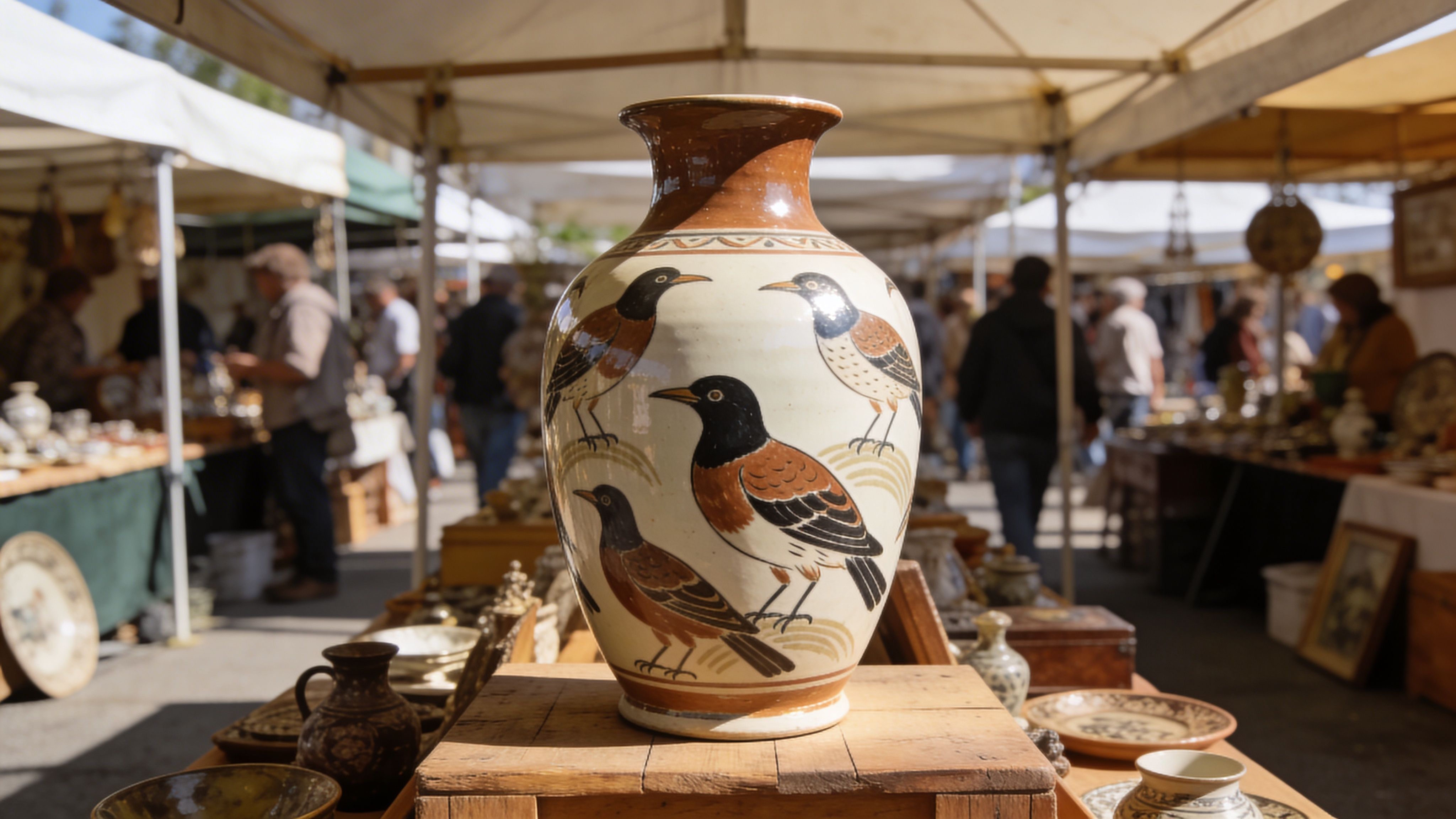 A ceramic vase with hand-painted bird motifs placed on a wooden crate at an outdoor antique market.