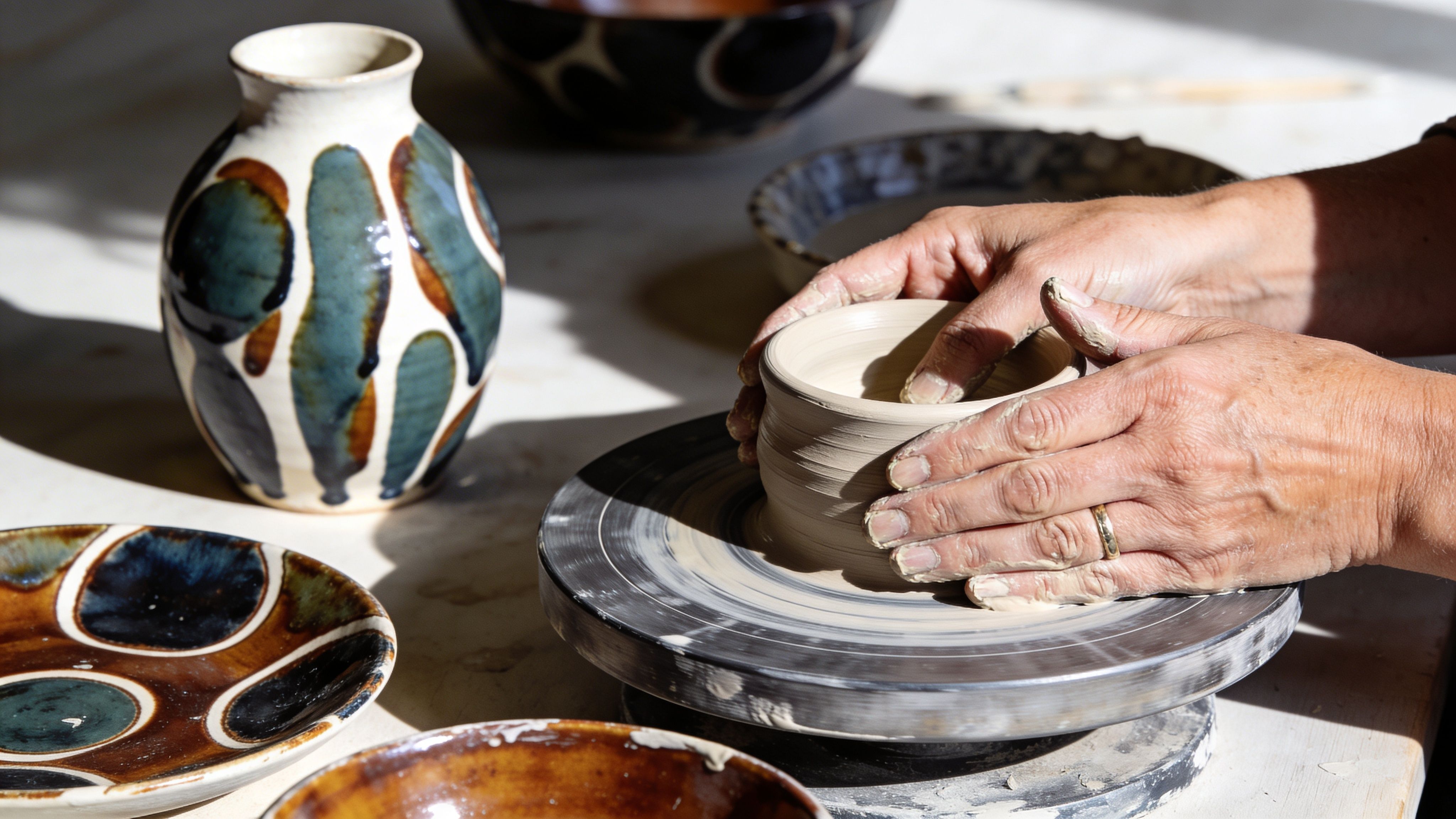 A potter skillfully shapes a wet clay bowl on a spinning pottery wheel in a sunlit studio.