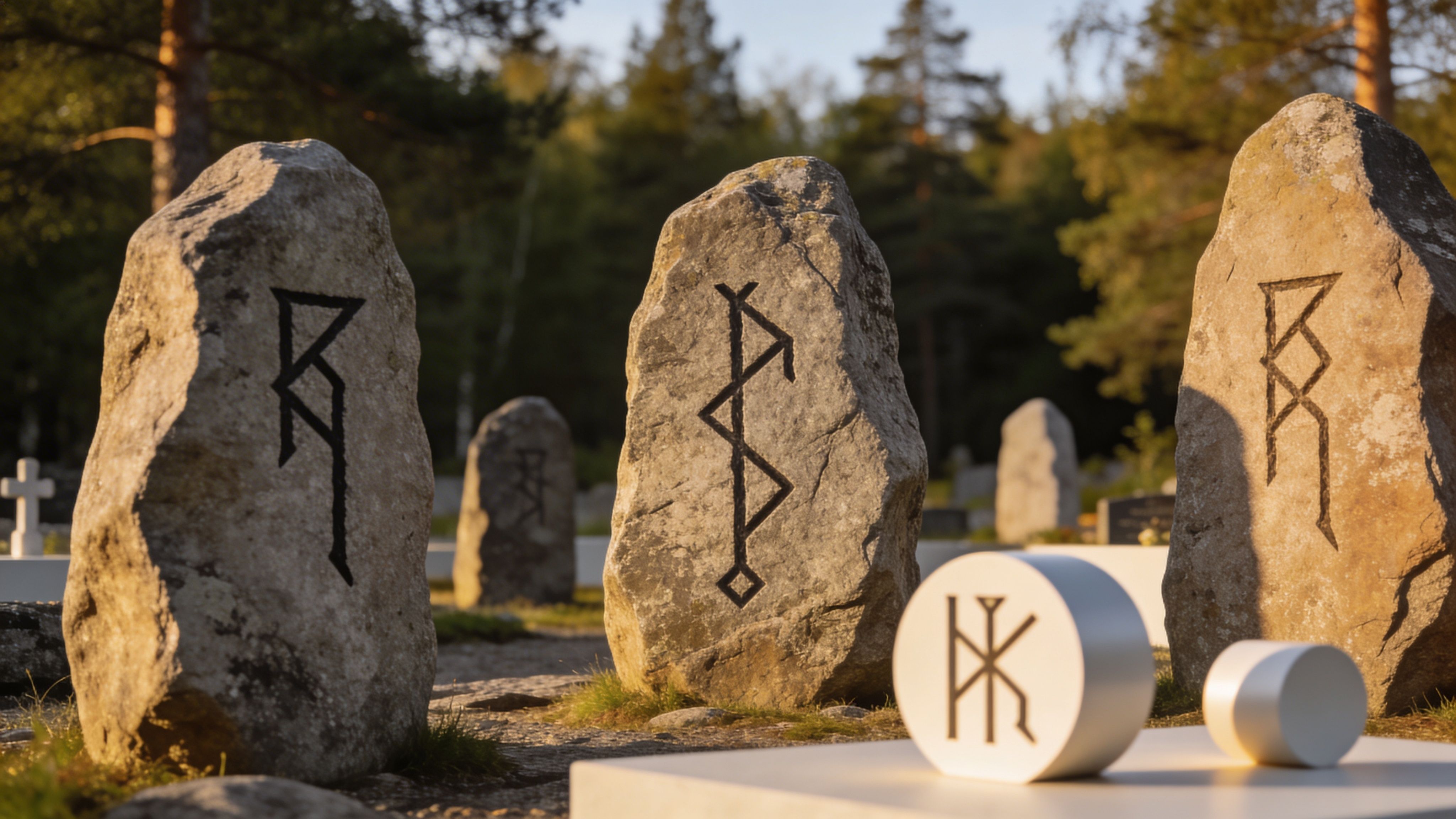 A serene Scandinavian burial site featuring large weathered runestones with ancient carvings at golden sunset hour.