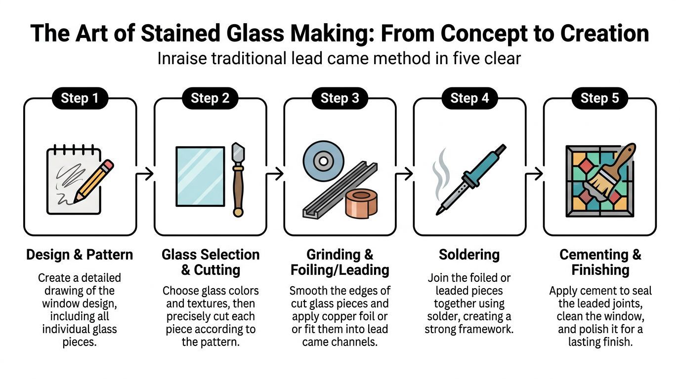 A five-step infographic illustration explaining the traditional process of creating beautiful stained glass window art pieces.