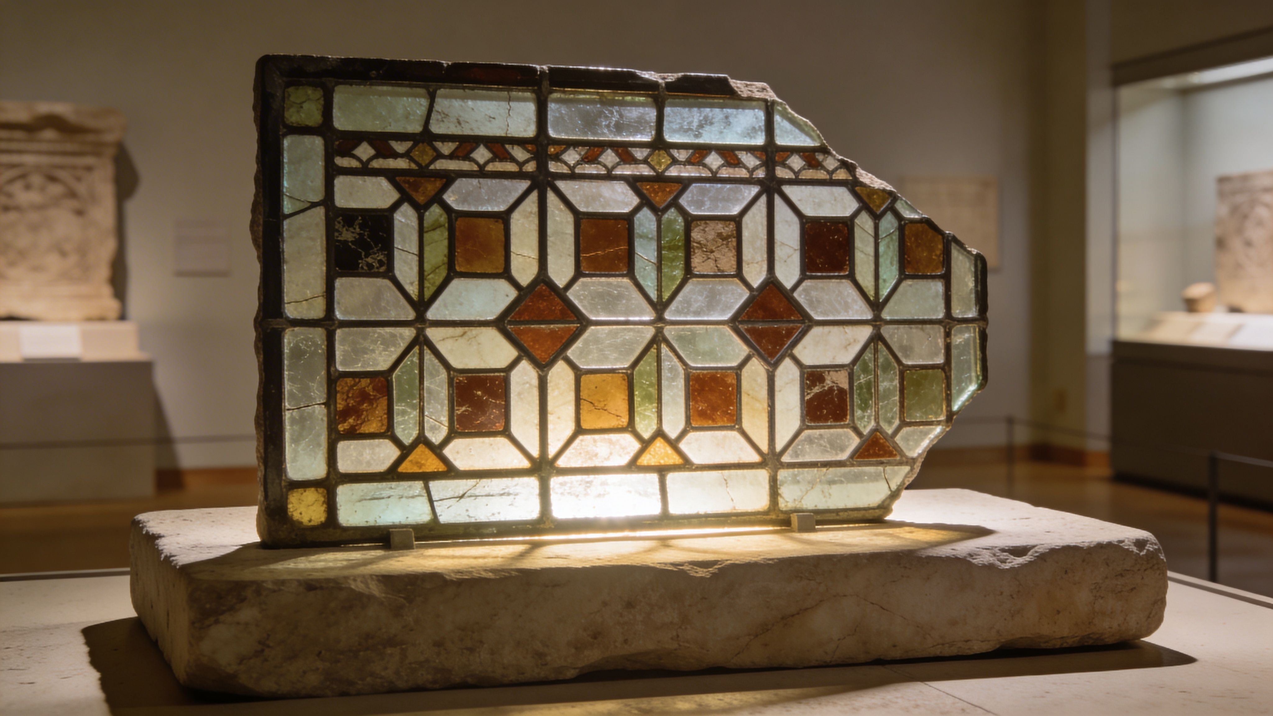 A fragment of an antique stained glass window displayed on a stone base in a museum gallery.