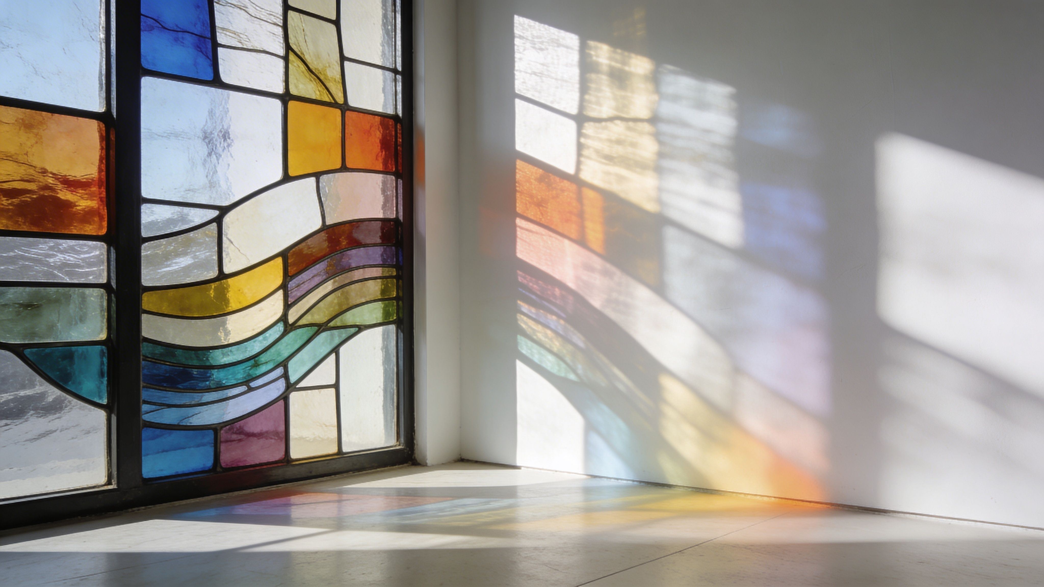 Sunlight streaming through vibrant stained glass windows, casting colorful geometric reflections across a minimalist white wall and floor.