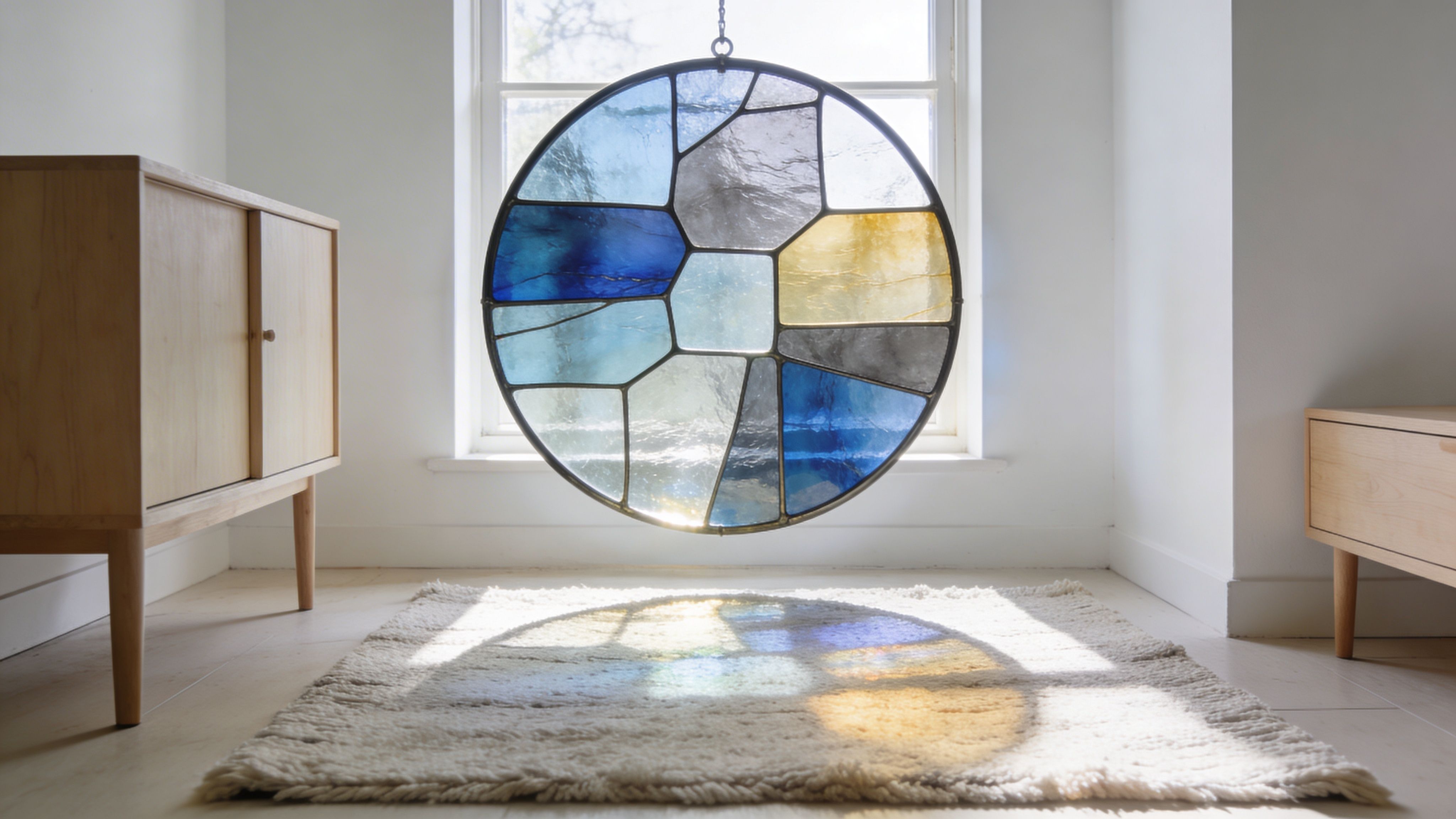 A circular stained glass window hangs in front of a window, casting colorful light shadows on a rug.