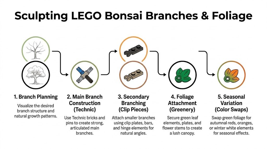 A step-by-step infographic illustrating the process of building and sculpting custom LEGO bonsai tree branches and foliage.