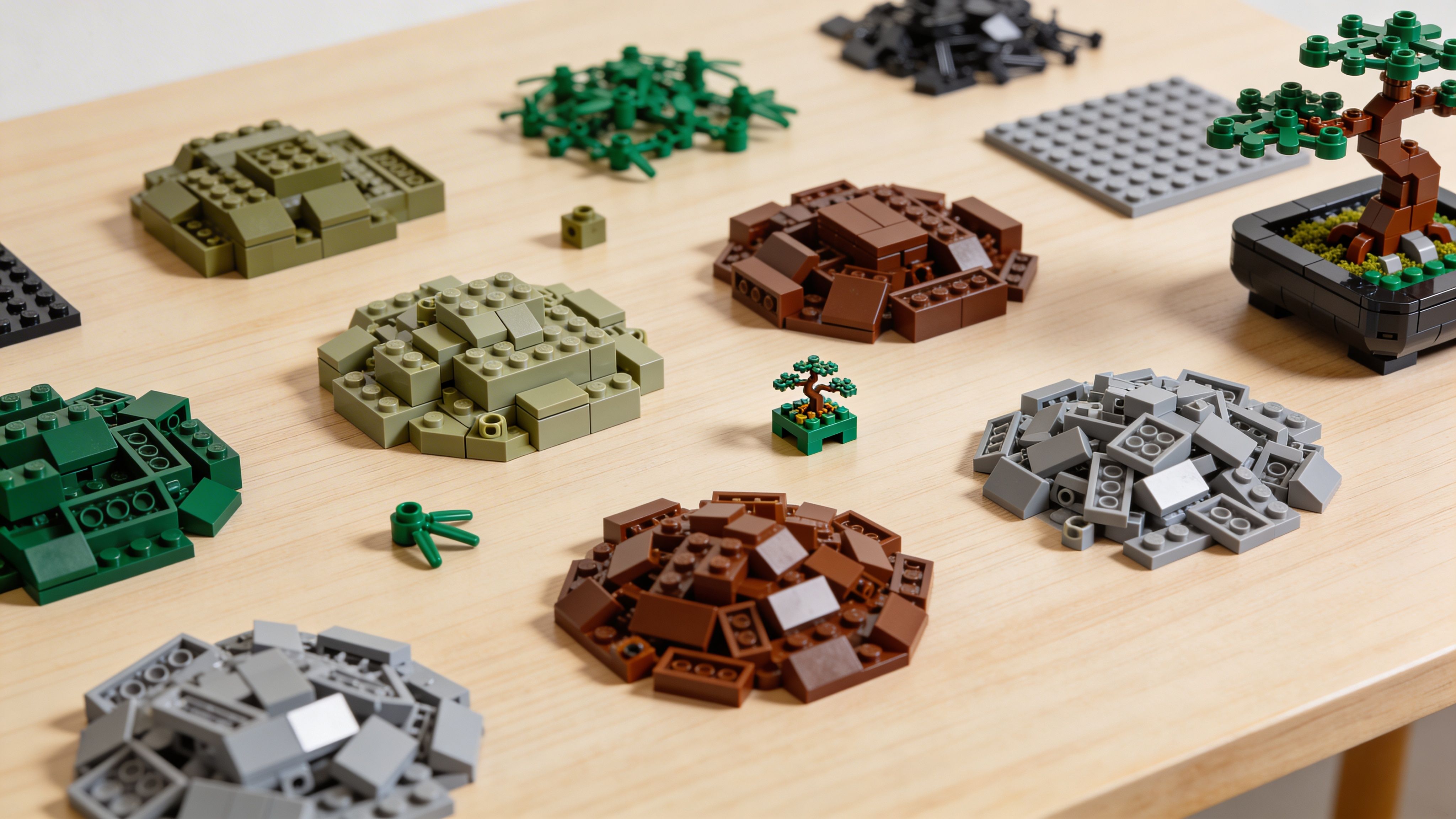 A wooden table displaying various sorted LEGO pieces and a miniature bonsai tree lego assembly.