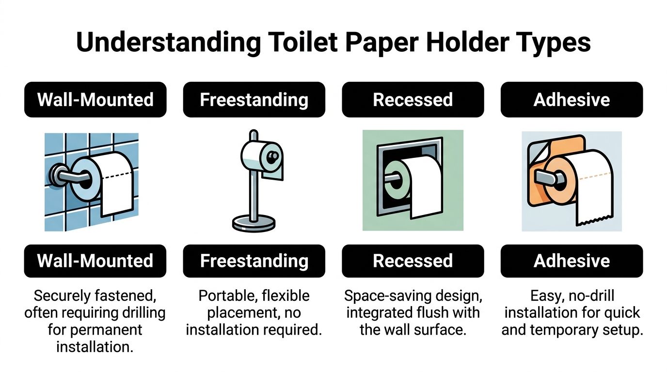 A guide illustrating four common types of toilet paper holders including wall-mounted, freestanding, recessed, and adhesive models.