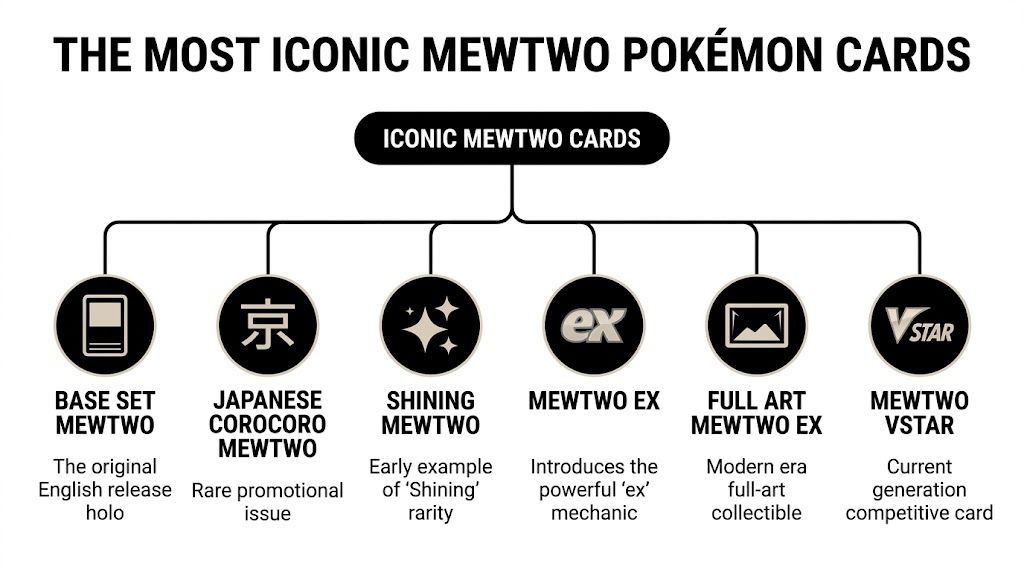A diagram titled The Most Iconic Mewtwo Pokemon Cards illustrating six key card types with brief descriptions.