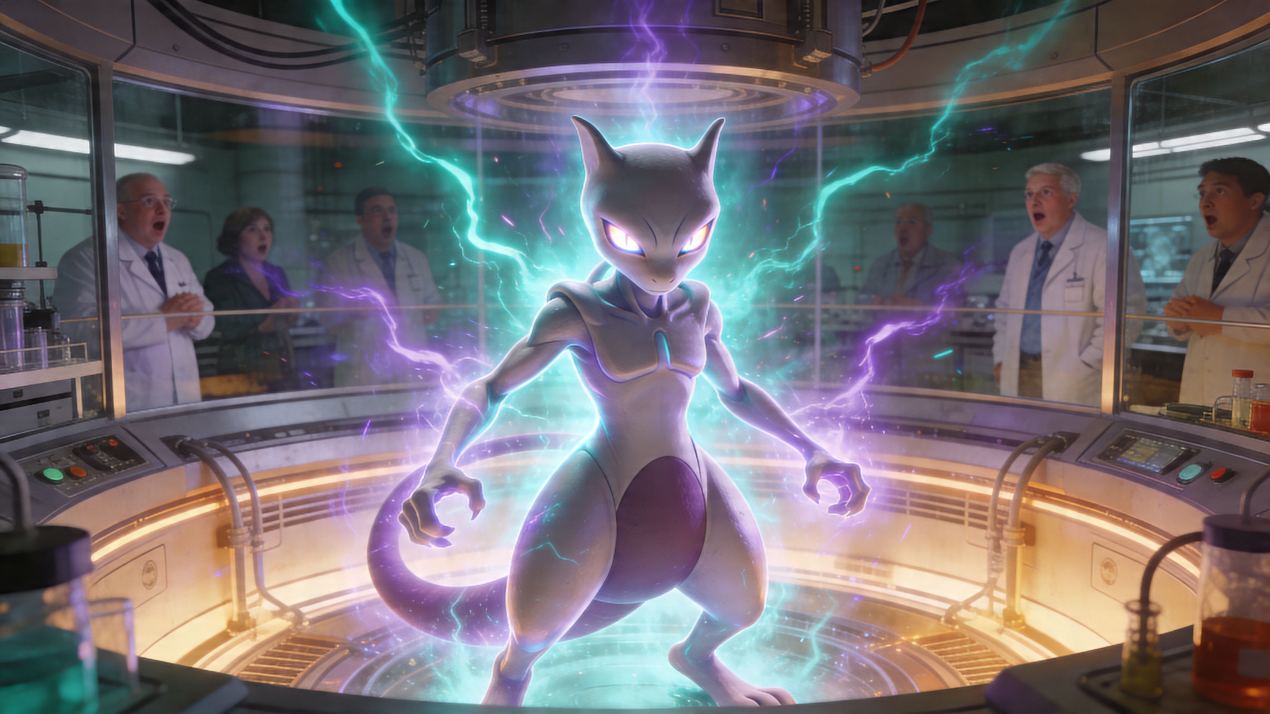 Mewtwo standing inside a high-tech laboratory chamber with scientists watching in awe as energy pulses around it.