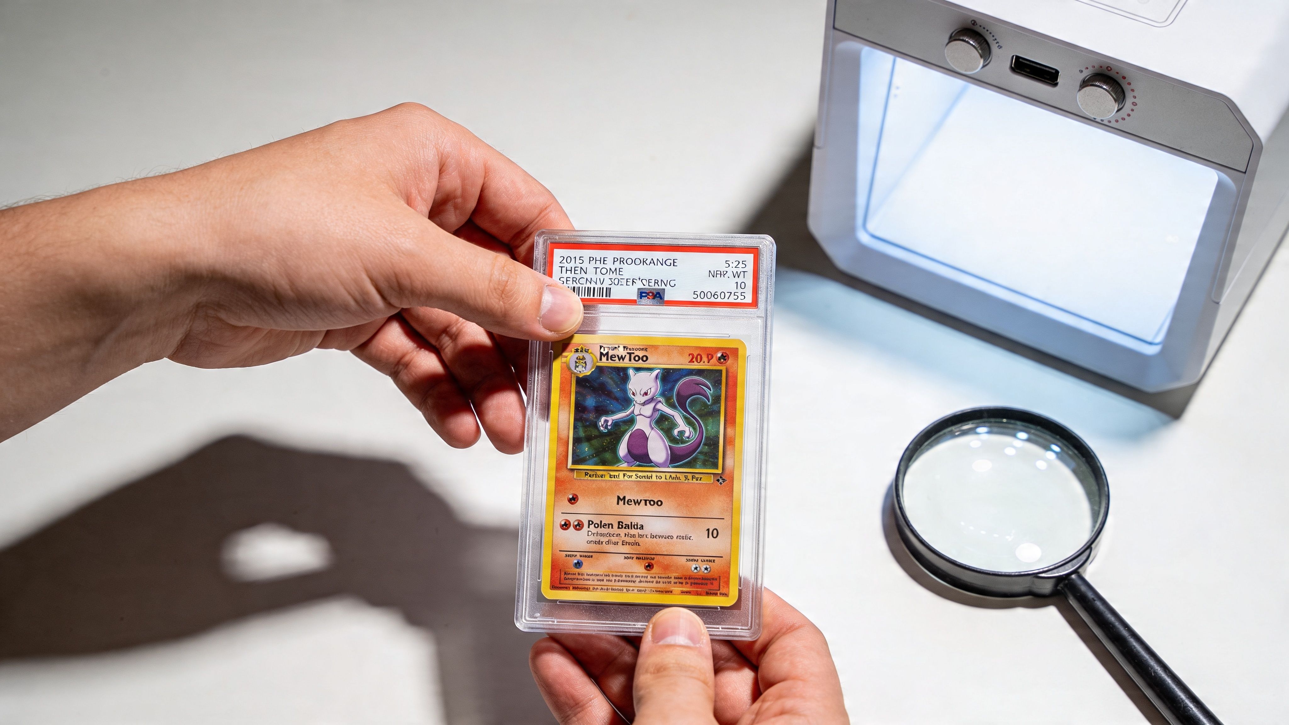 A pair of hands holding a graded PSA Mewtwo Pokémon card near a light box and magnifying glass.
