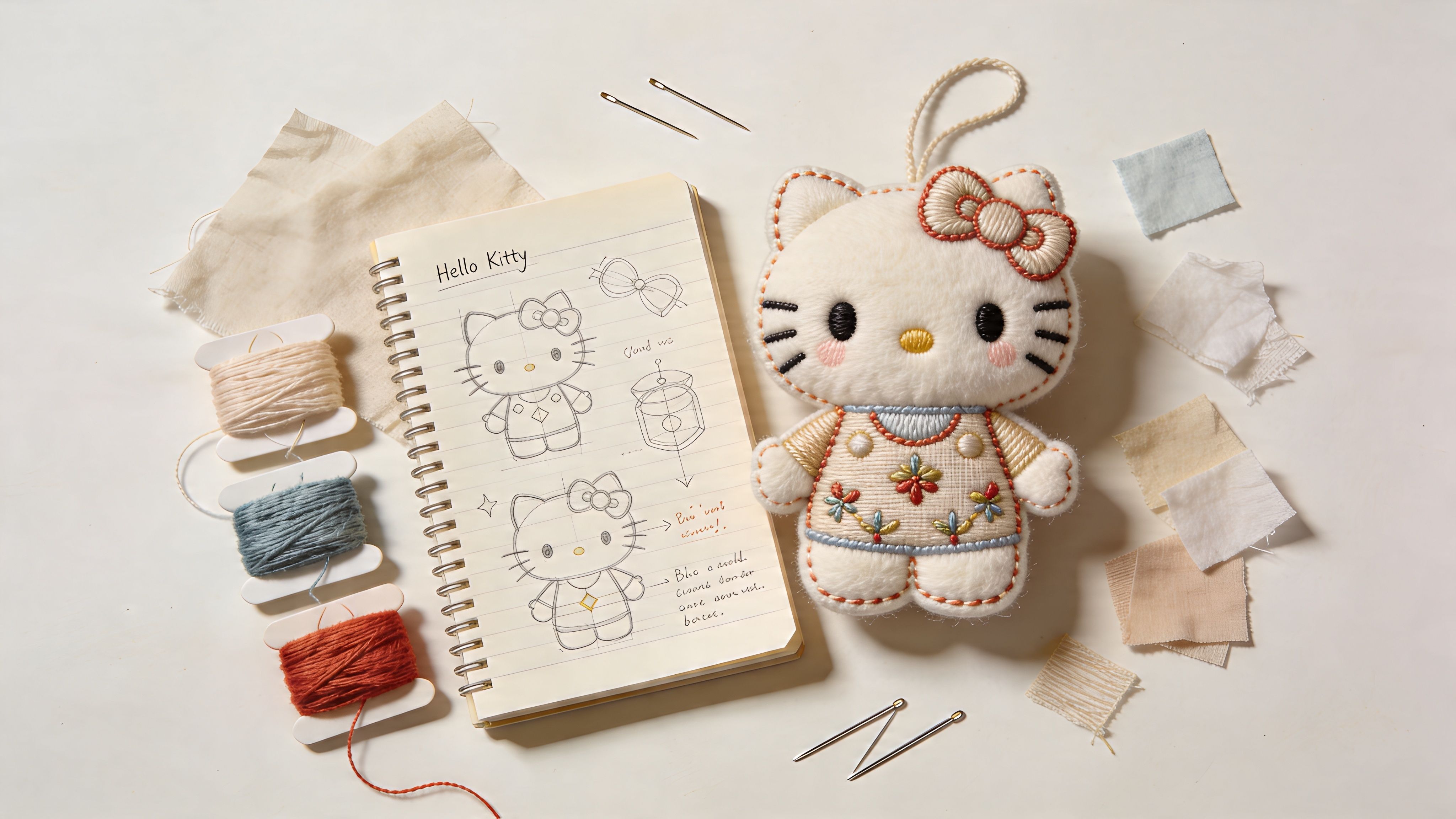 A hand-embroidered Hello Kitty doll next to a sketchbook with sketches, embroidery floss, and needles.