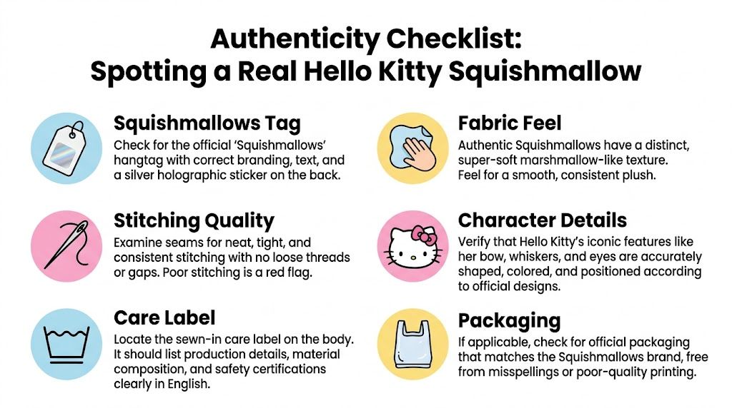 An authenticity checklist infographic for verifying genuine Hello Kitty Squishmallows, covering tags, fabric, stitching, and labels.