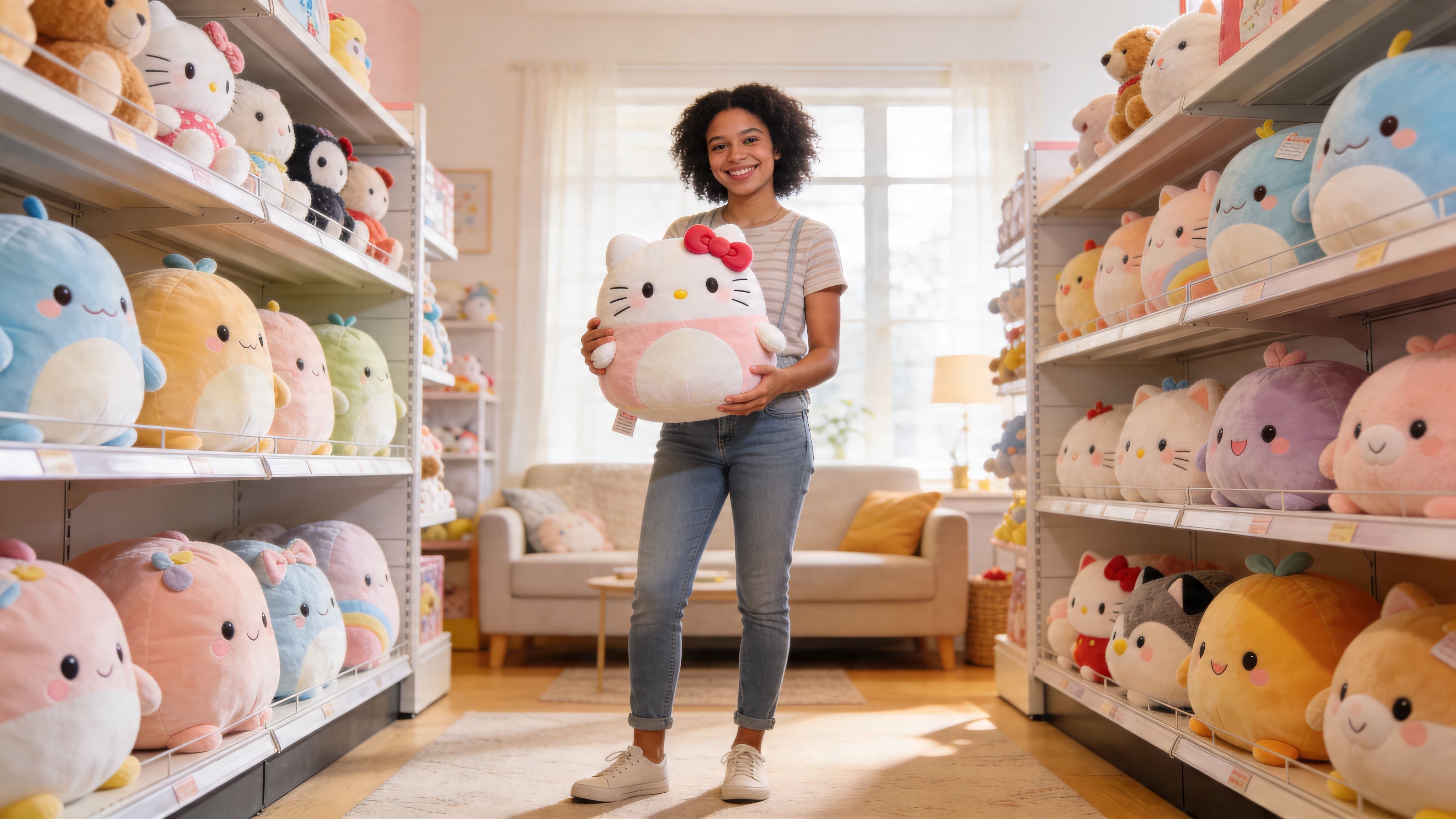 A young woman smiling while holding a large Hello Kitty Squishmallow plush toy inside a toy store.