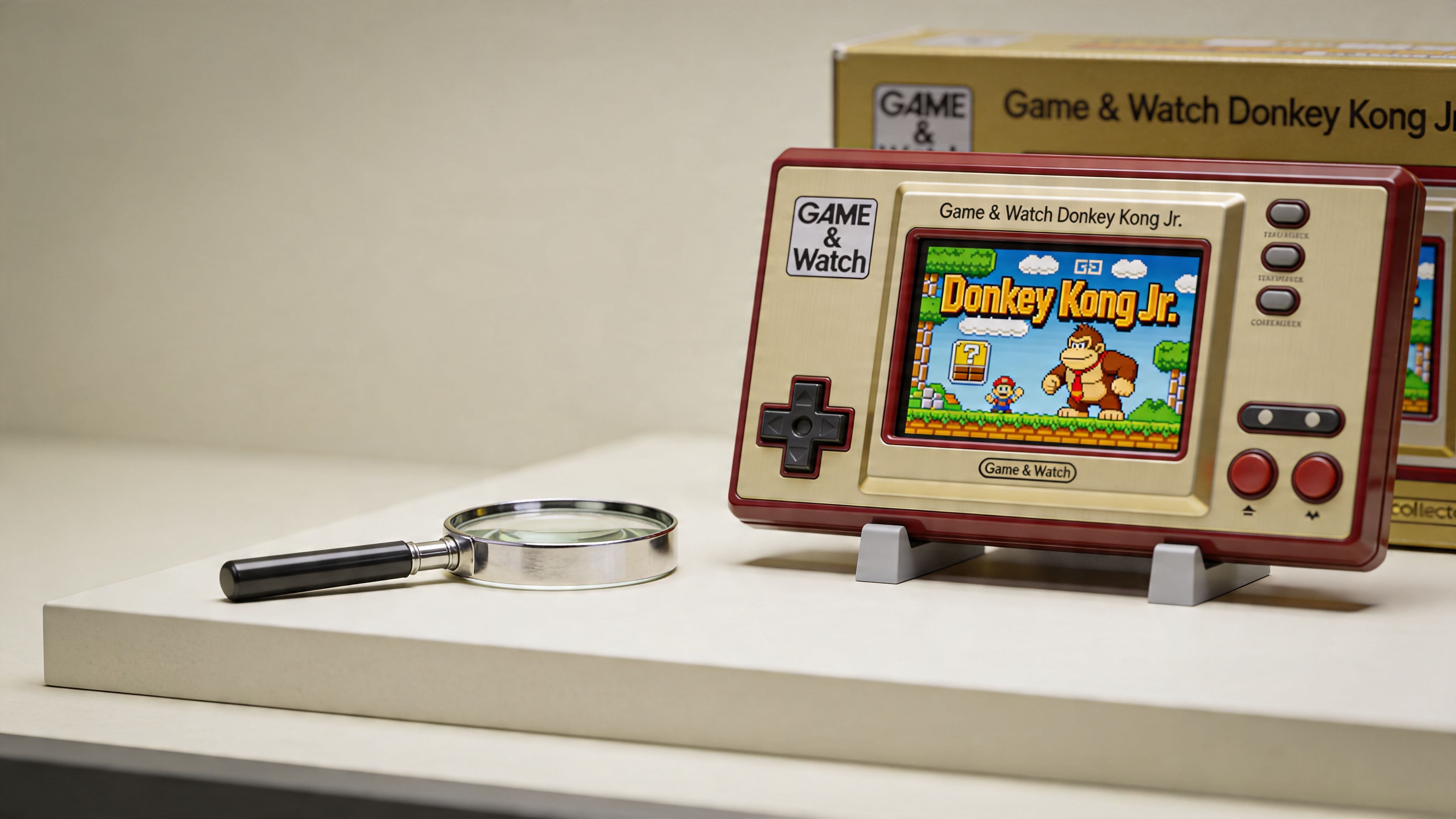A Game and Watch Donkey Kong Jr. handheld console sitting on a stand next to a magnifying glass.