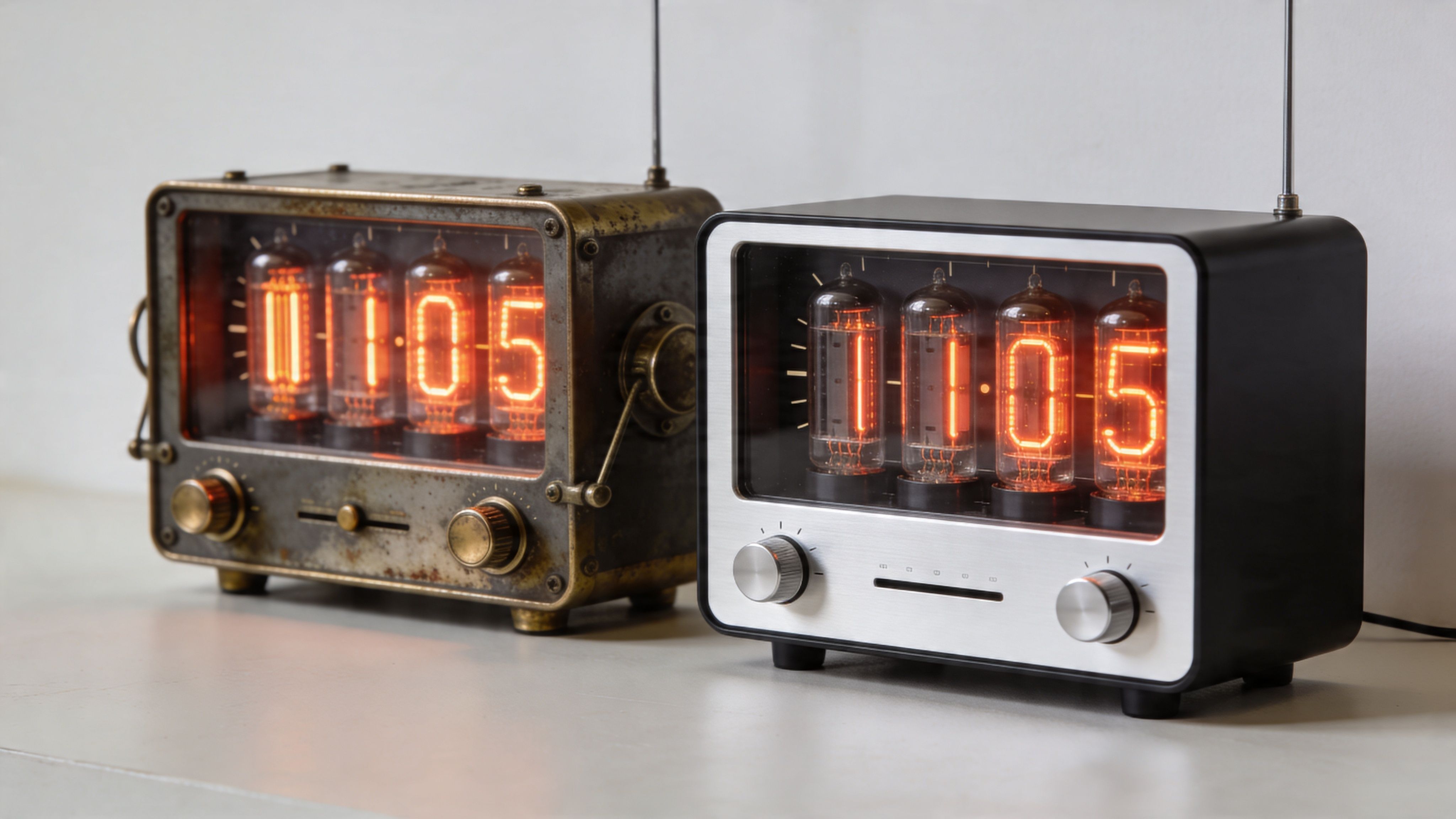 A rustic weathered vintage nixie tube clock and a modern sleek silver nixie tube clock side by side.
