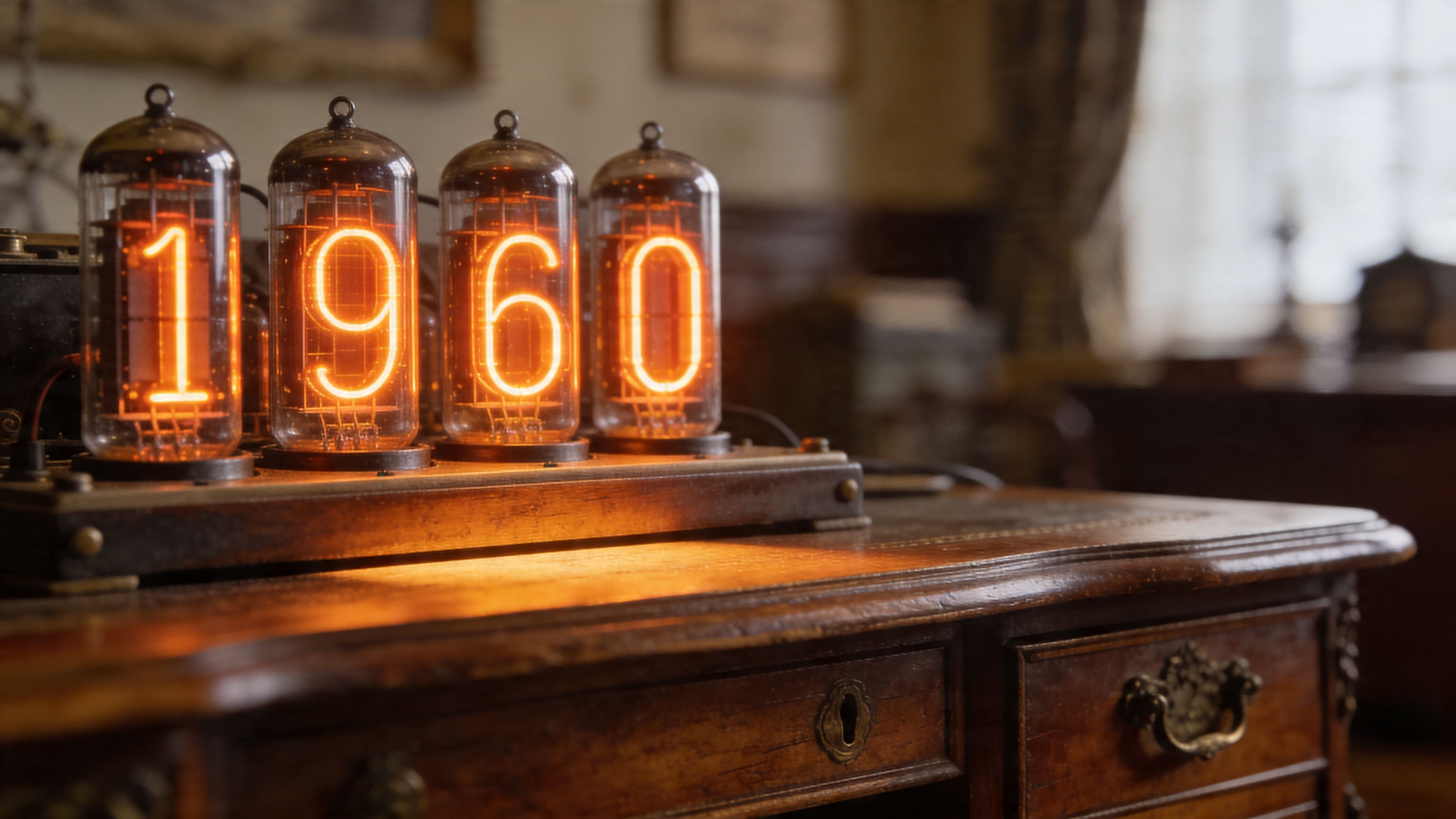 A vintage nixie tube clock displaying the year 1960 on a dark wooden desk in a room.