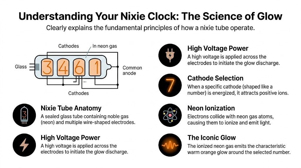 An infographic diagram explaining the scientific working principles and anatomy of a vintage nixie tube clock.