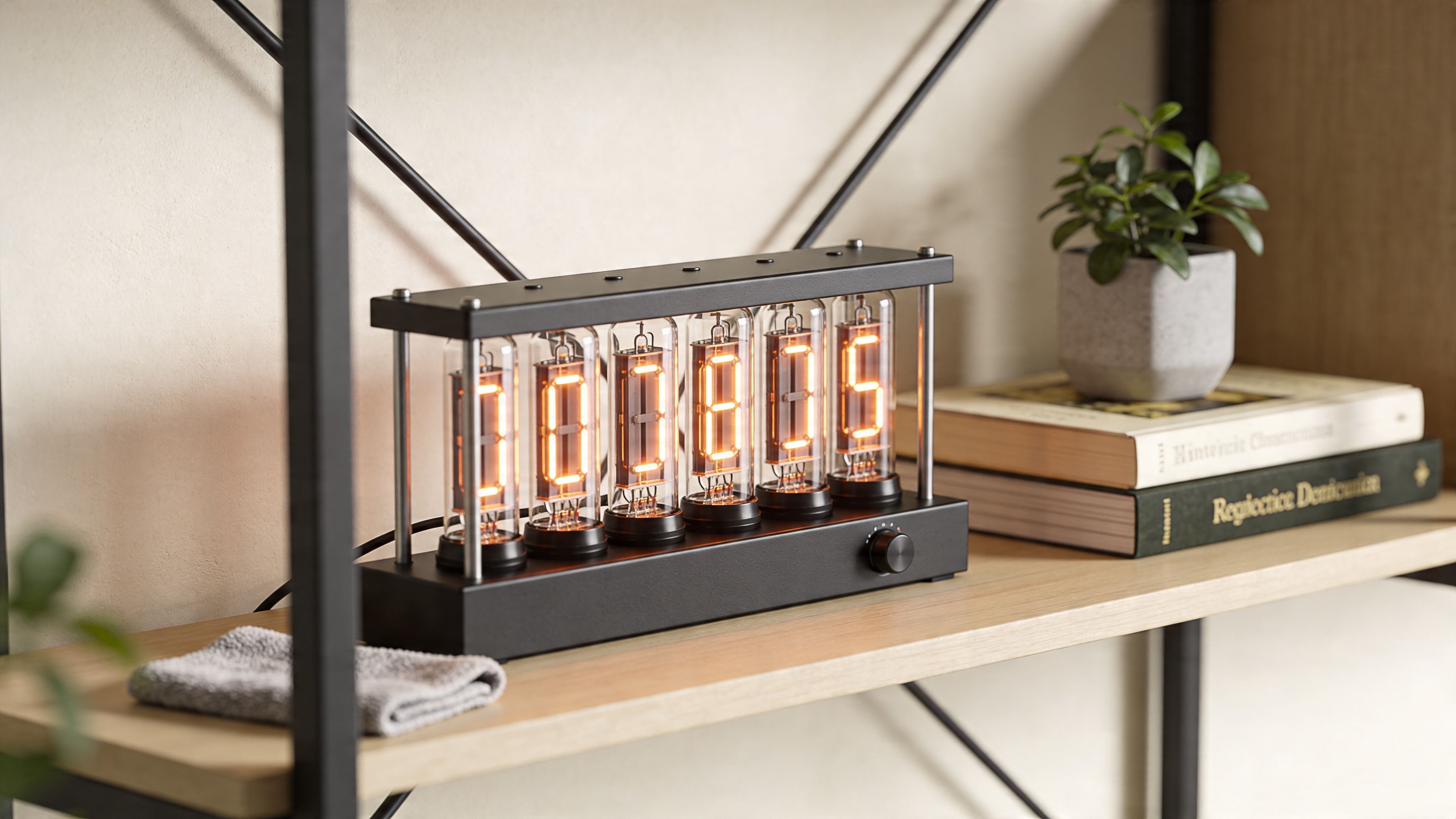A retro-style nixie tube clock sitting on a wooden shelf next to books and a small plant.