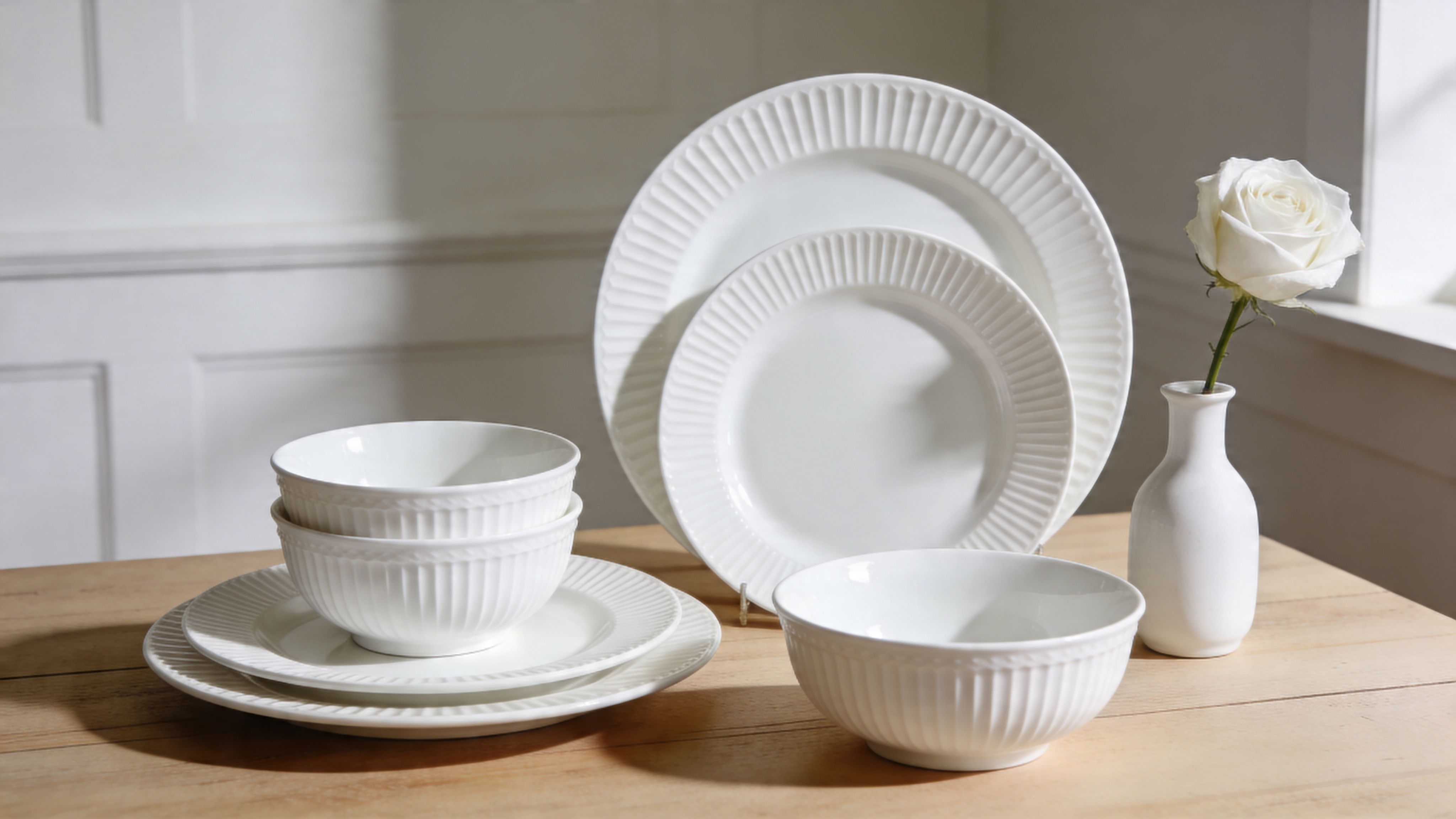 A minimalist white ceramic dinnerware set featuring fluted textures on a natural light wooden table background.