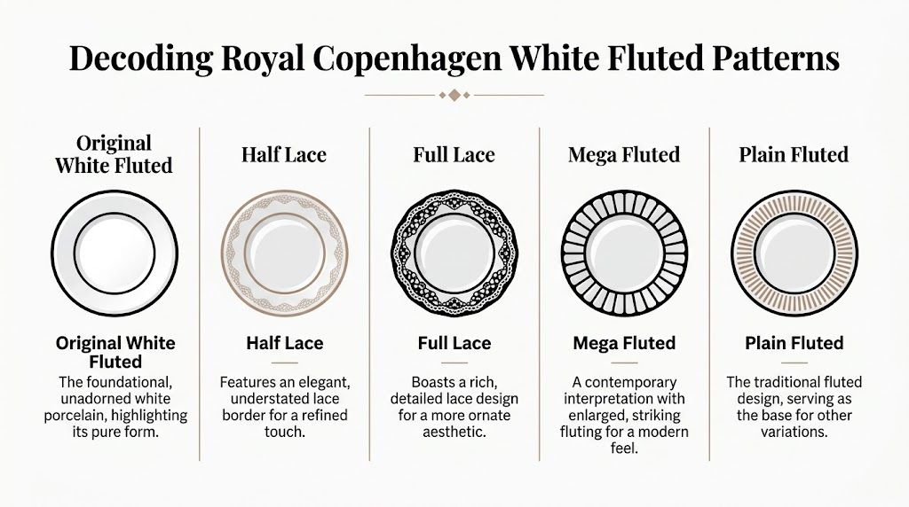 A visual guide illustrating the five distinct patterns of Royal Copenhagen White Fluted porcelain plates with descriptions.