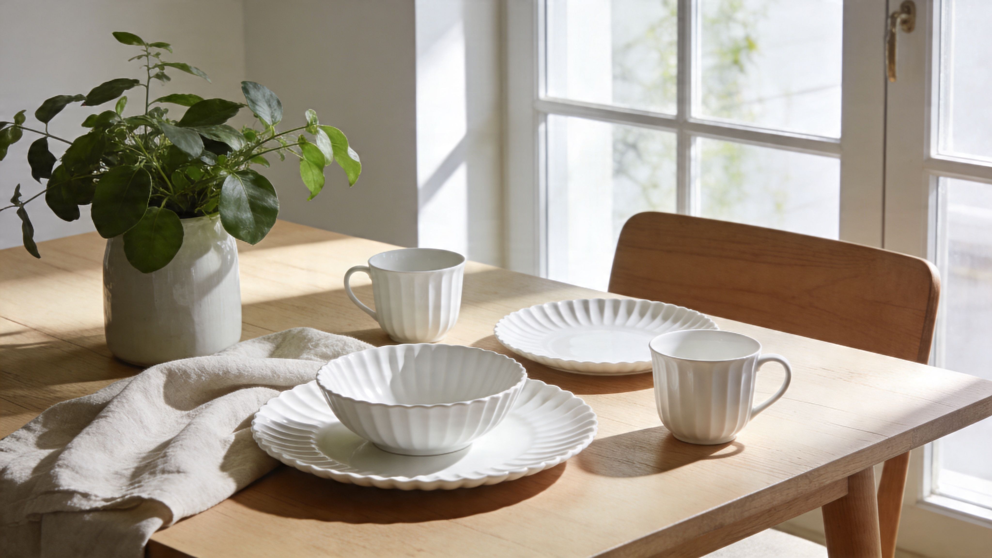 A serene table setting with Royal Copenhagen white fluted dinnerware and a lush green plant on wood.