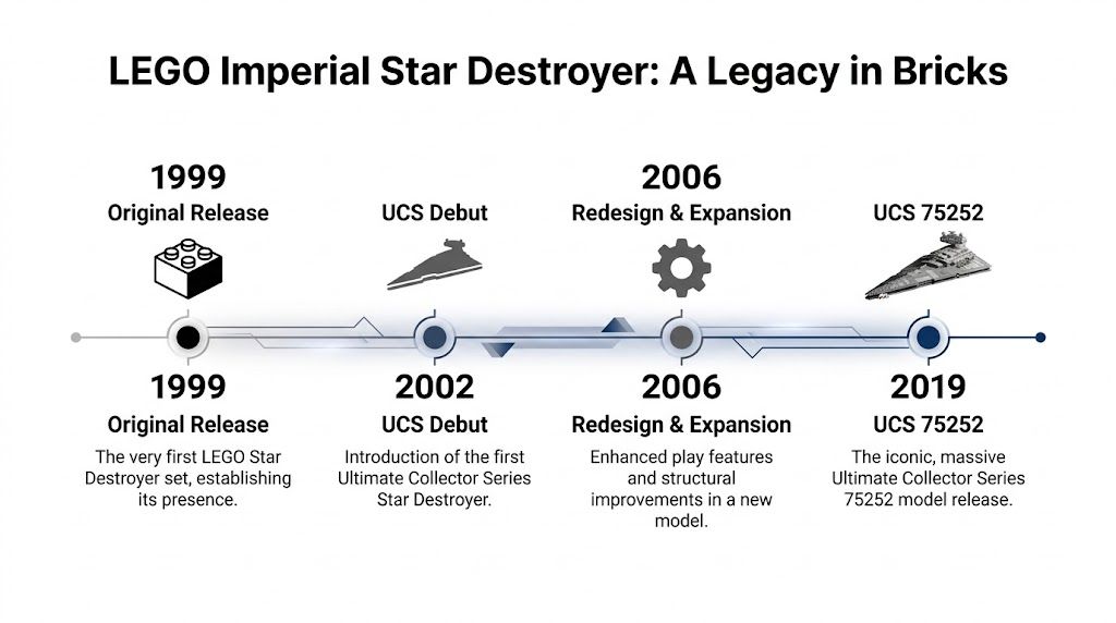 A timeline infographic titled LEGO Imperial Star Destroyer showing key model release dates from 1999 to 2019.