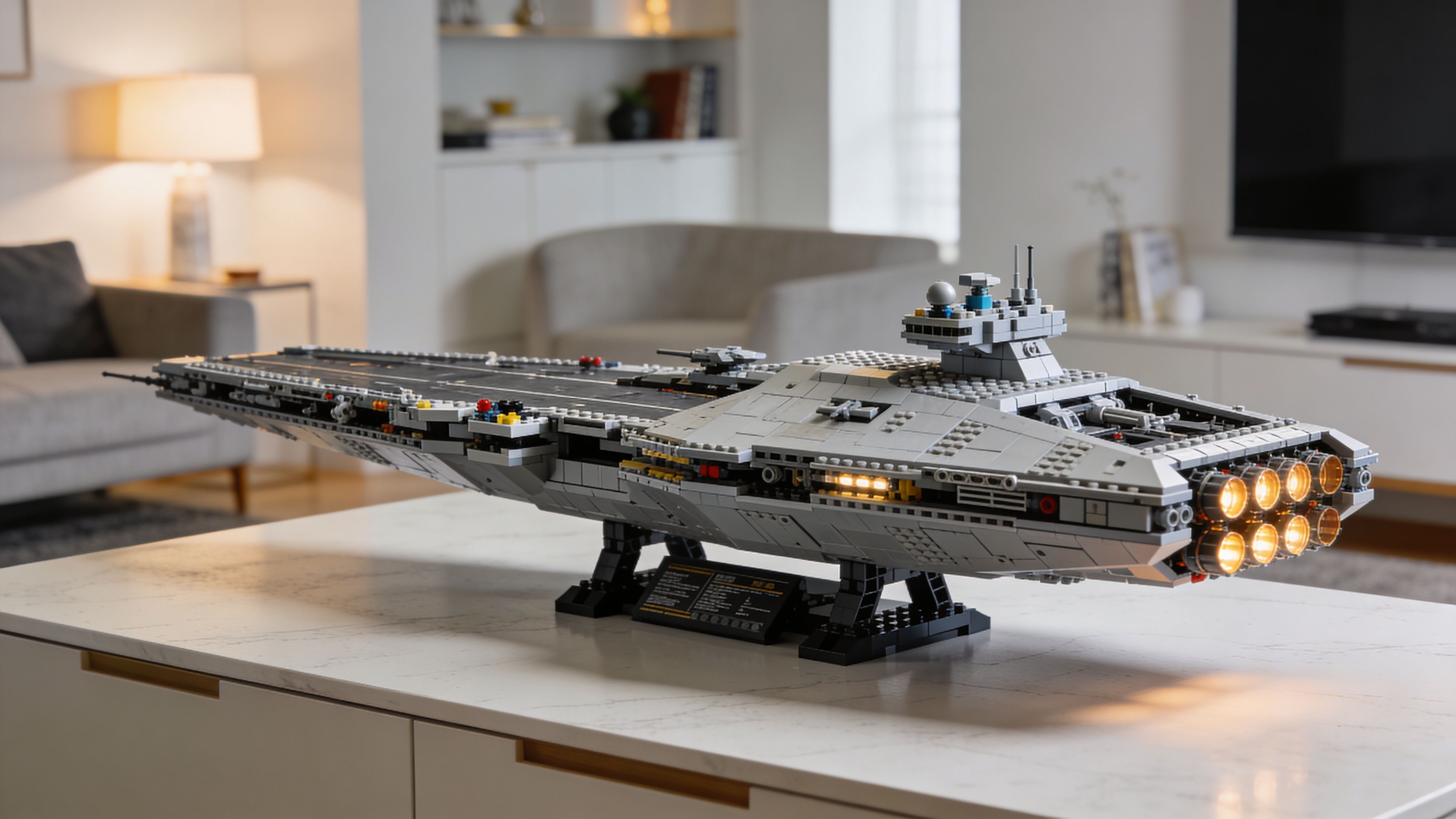 A detailed LEGO Star Wars Imperial Star Destroyer set displayed on a white marble countertop indoors.
