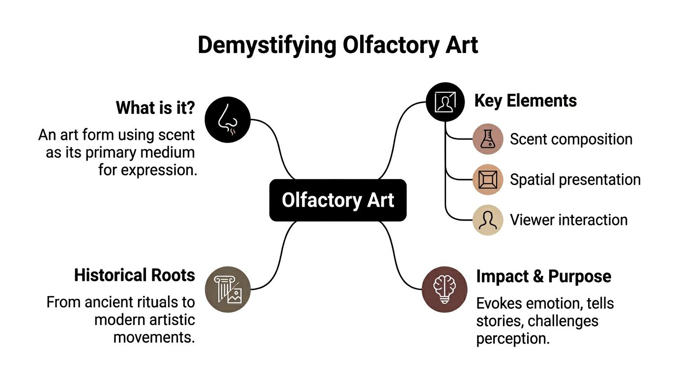 A mind map infographic about olfactory art, detailing its definition, historical roots, key elements, and artistic impact.