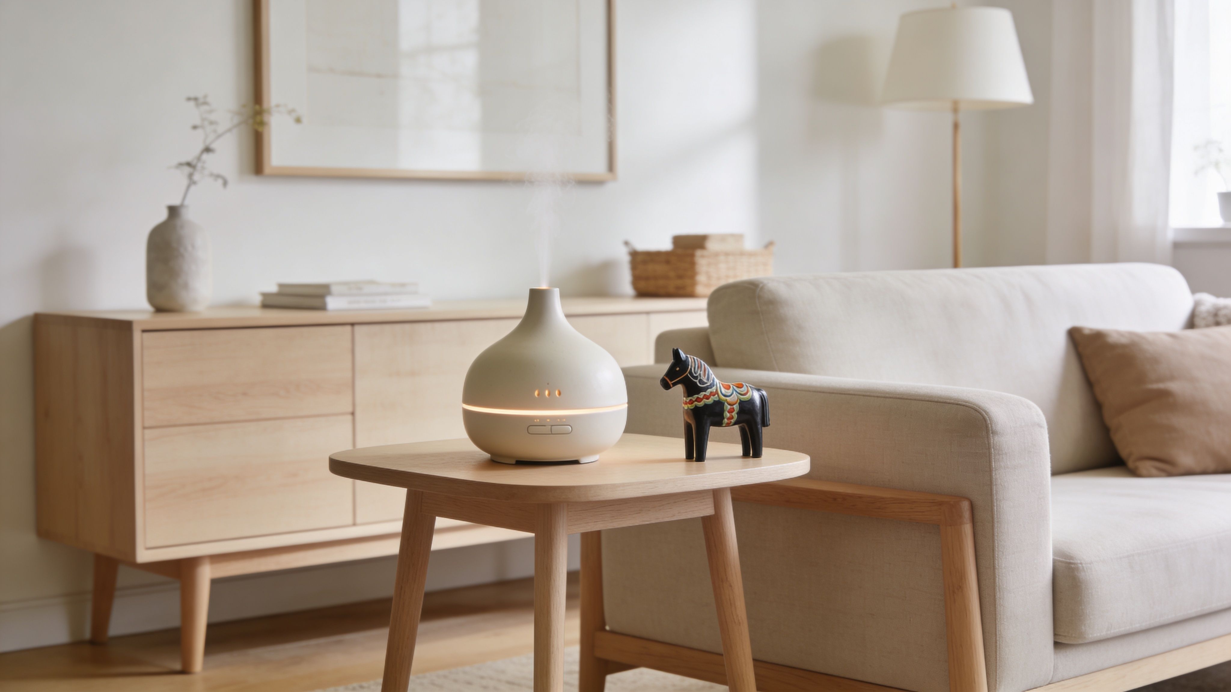 A minimalist white essential oil diffuser sits on a wooden table beside a small painted horse figurine.