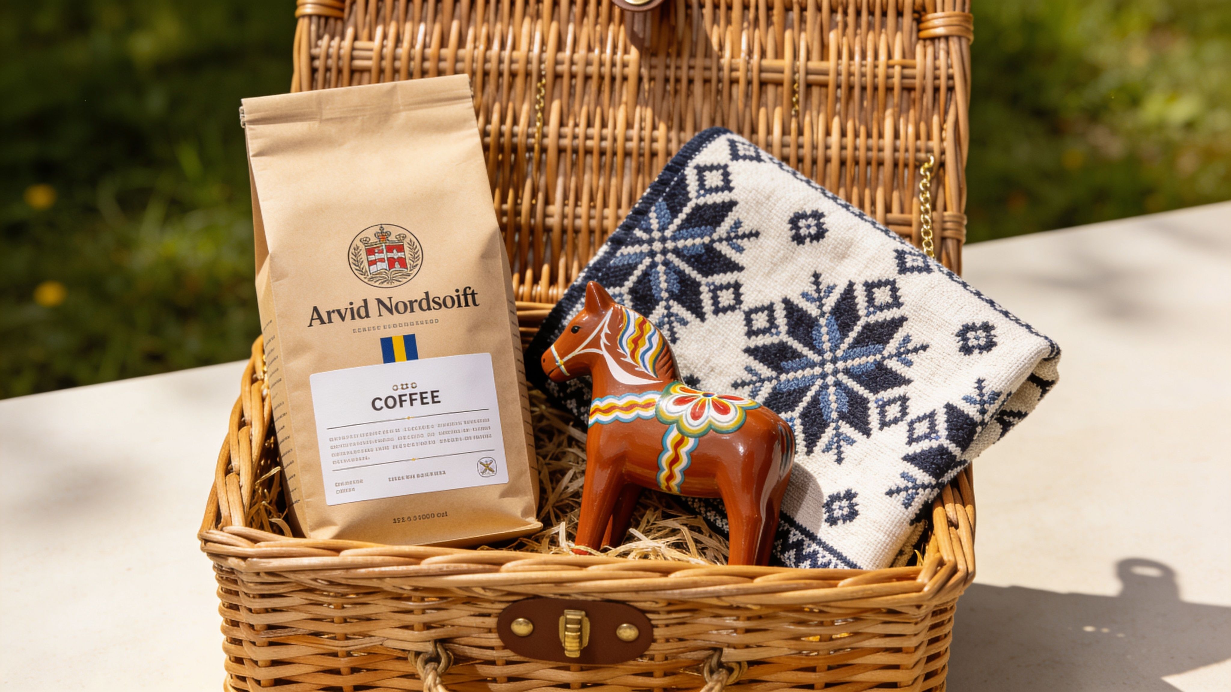 A wicker picnic basket containing a bag of Arvid Nordquist coffee, a Dala horse, and a patterned blanket.