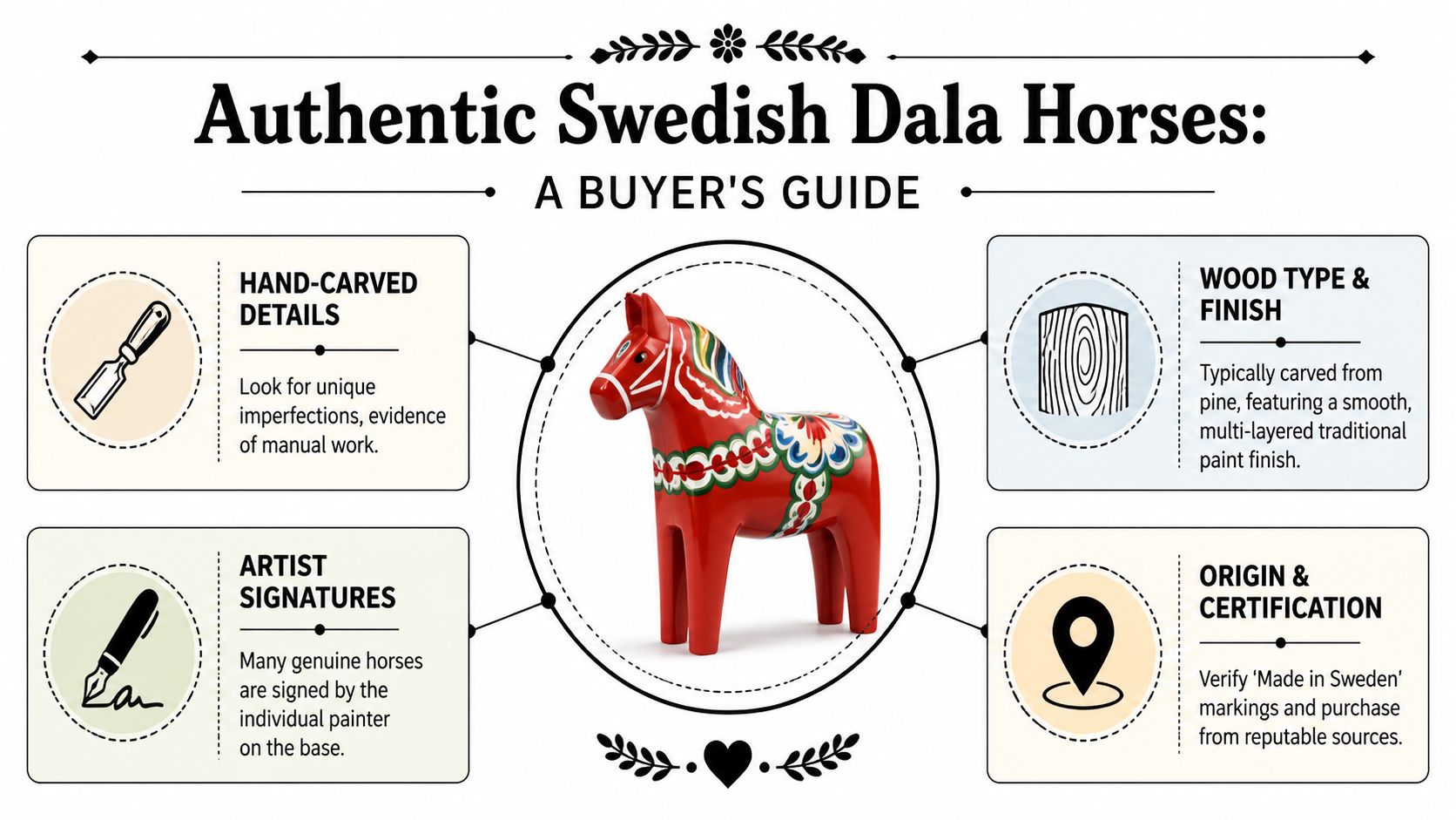 An infographic titled Authentic Swedish Dala Horses, showcasing key features for identifying genuine carved wooden horses.