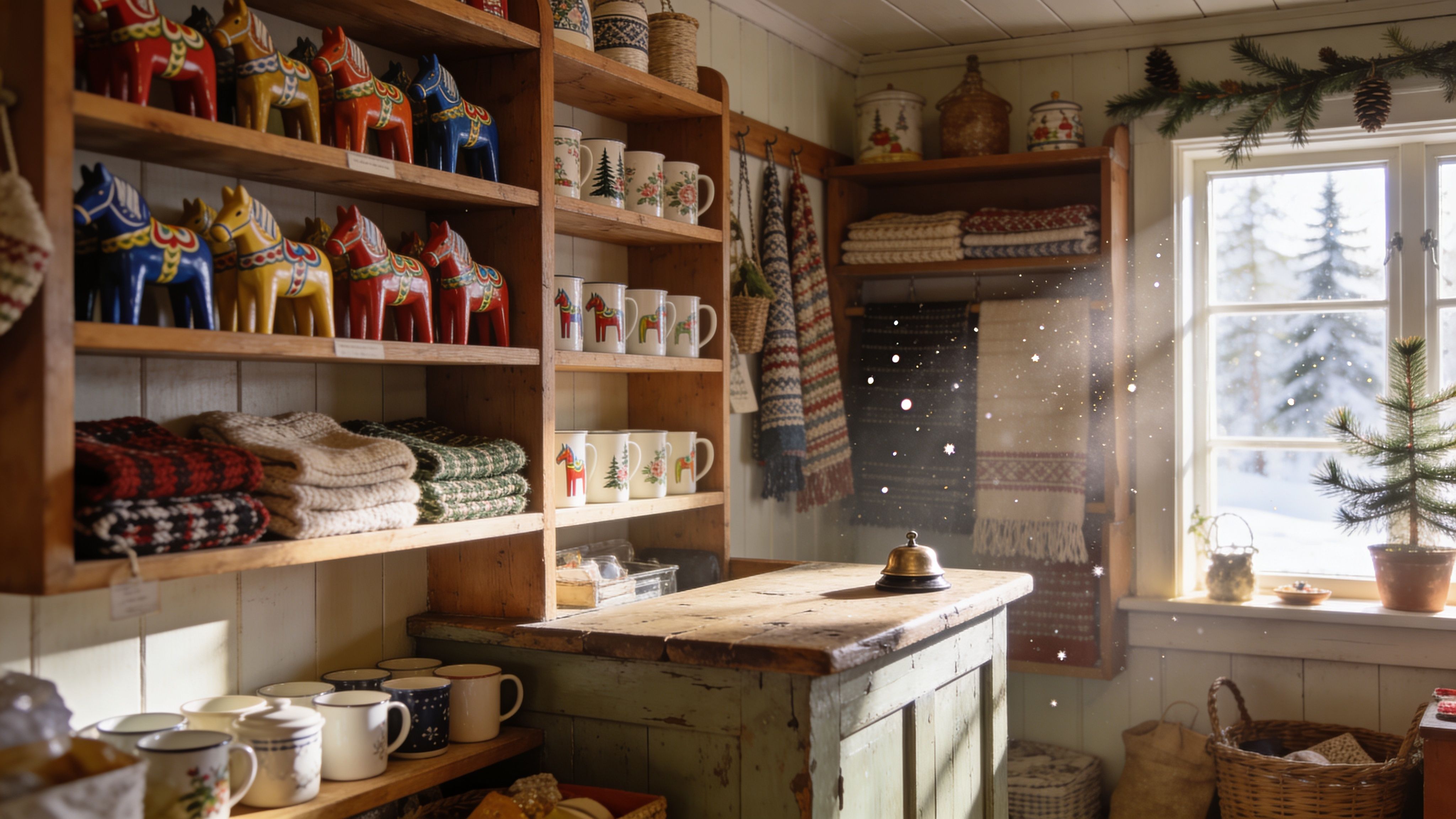 A cozy, rustic Swedish gift shop interior featuring wooden shelves filled with Dala horses and enamel mugs.