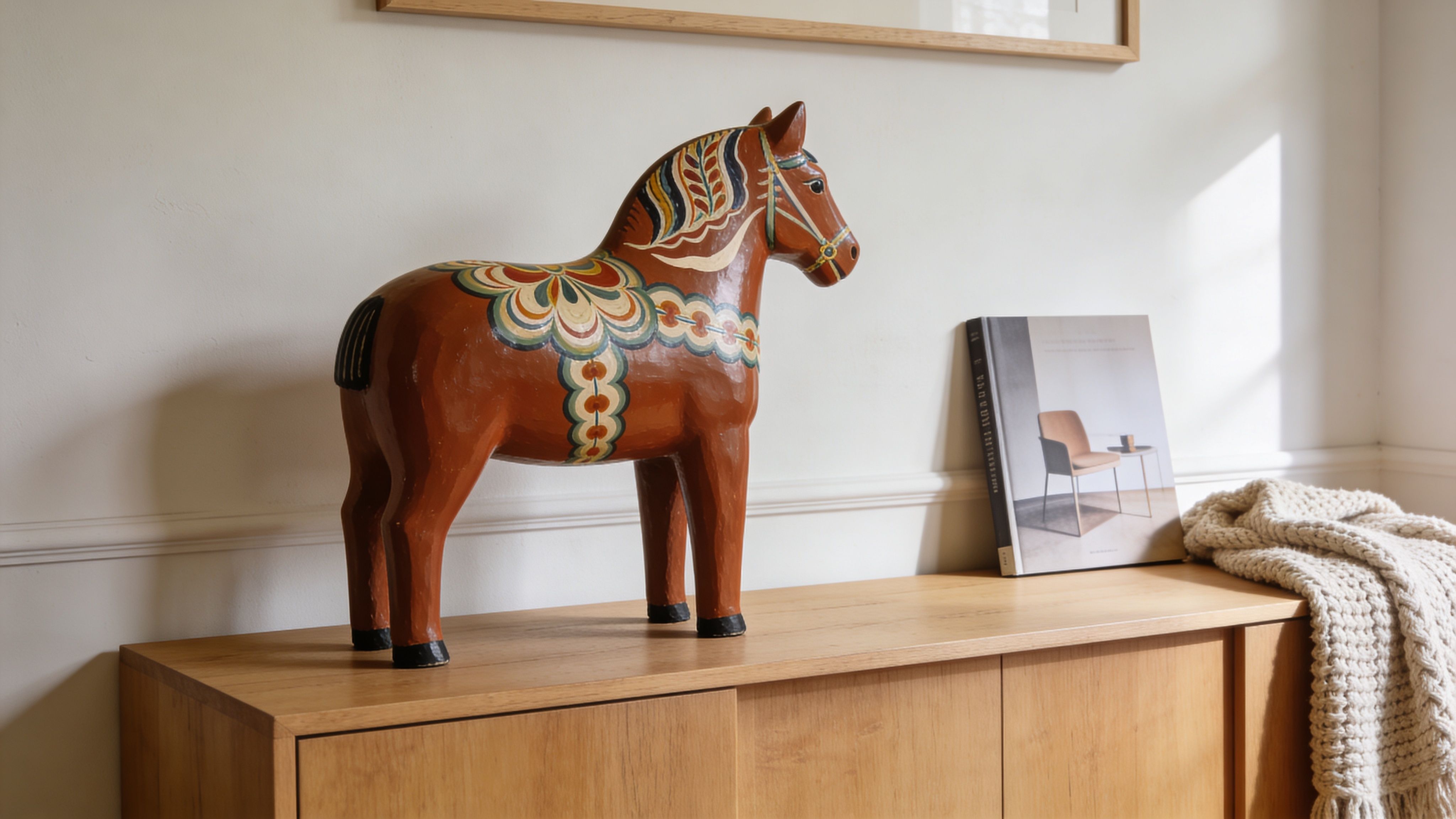 A decorative wooden Dala horse sitting on a light oak sideboard next to a design book.