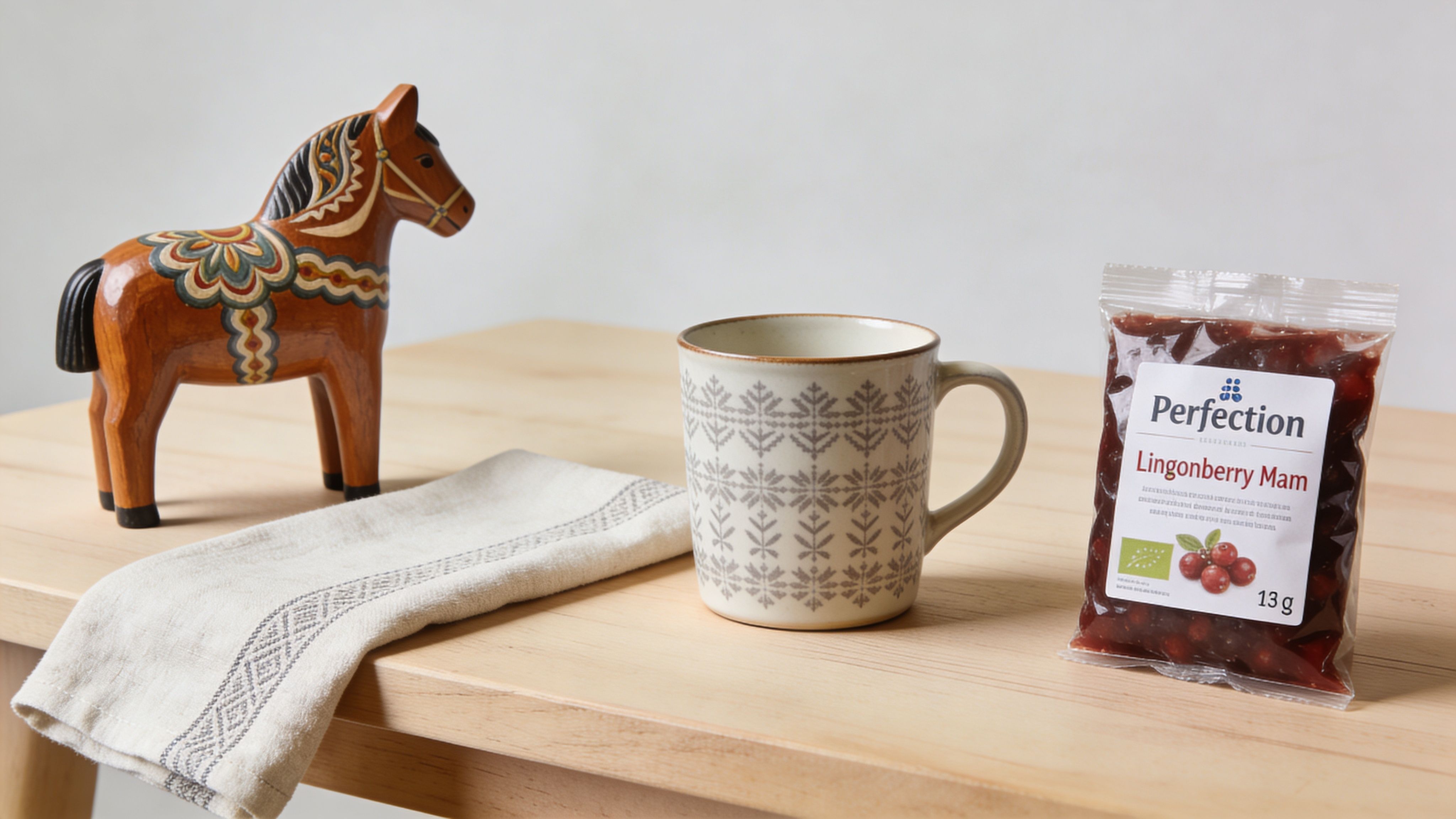 A wooden Dala horse, a patterned ceramic mug, and a package of lingonberry jam on a table.