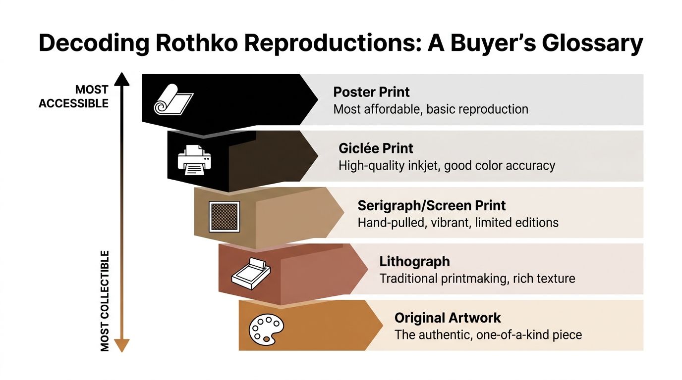 A glossary infographic showing the hierarchy of Mark Rothko reproductions from affordable posters to original artworks.