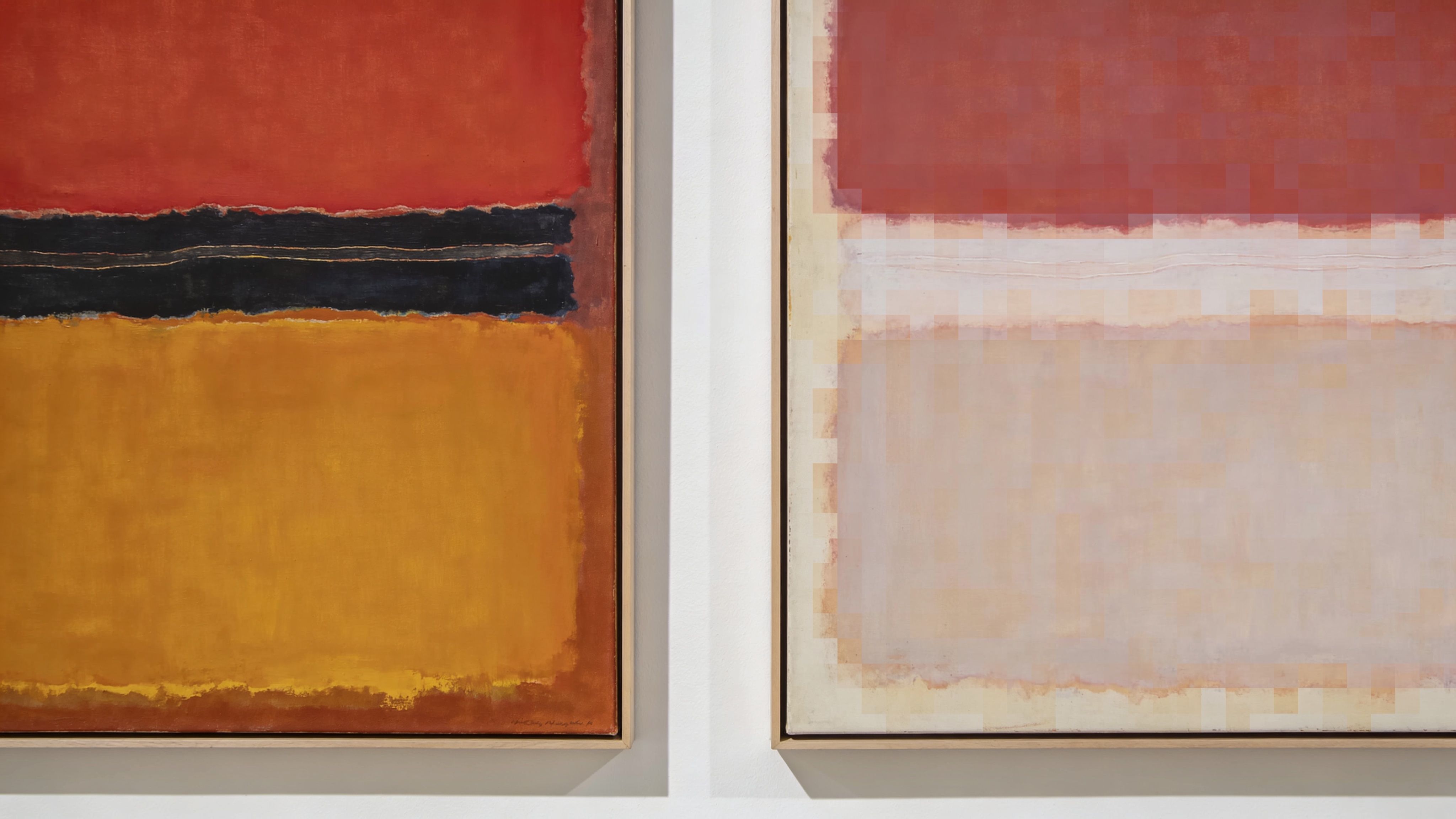 Two large abstract expressionist paintings by Mark Rothko displayed side by side on a clean gallery wall.