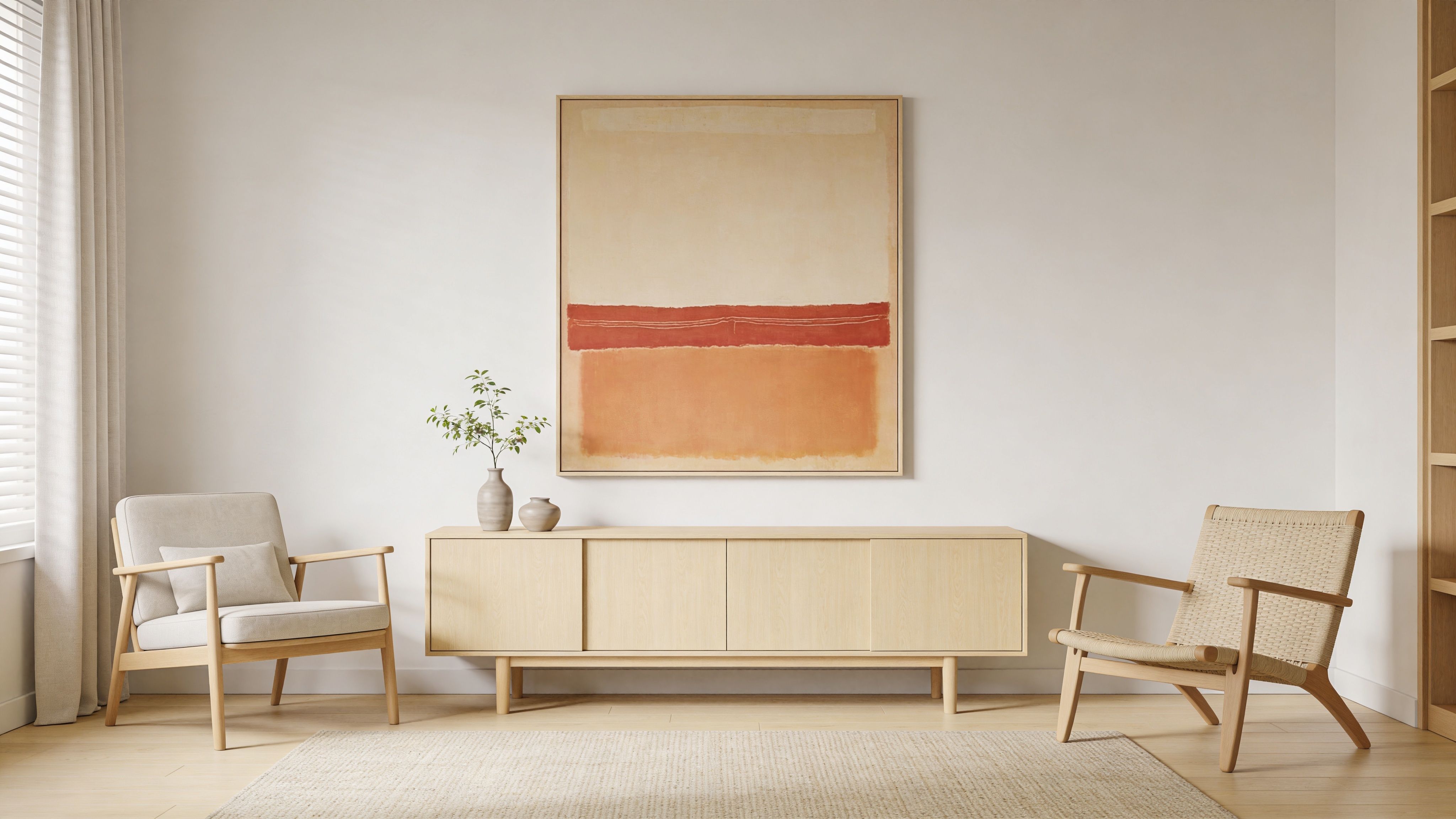 A minimalist living room with two wooden chairs, a sideboard, and a large Mark Rothko style poster.