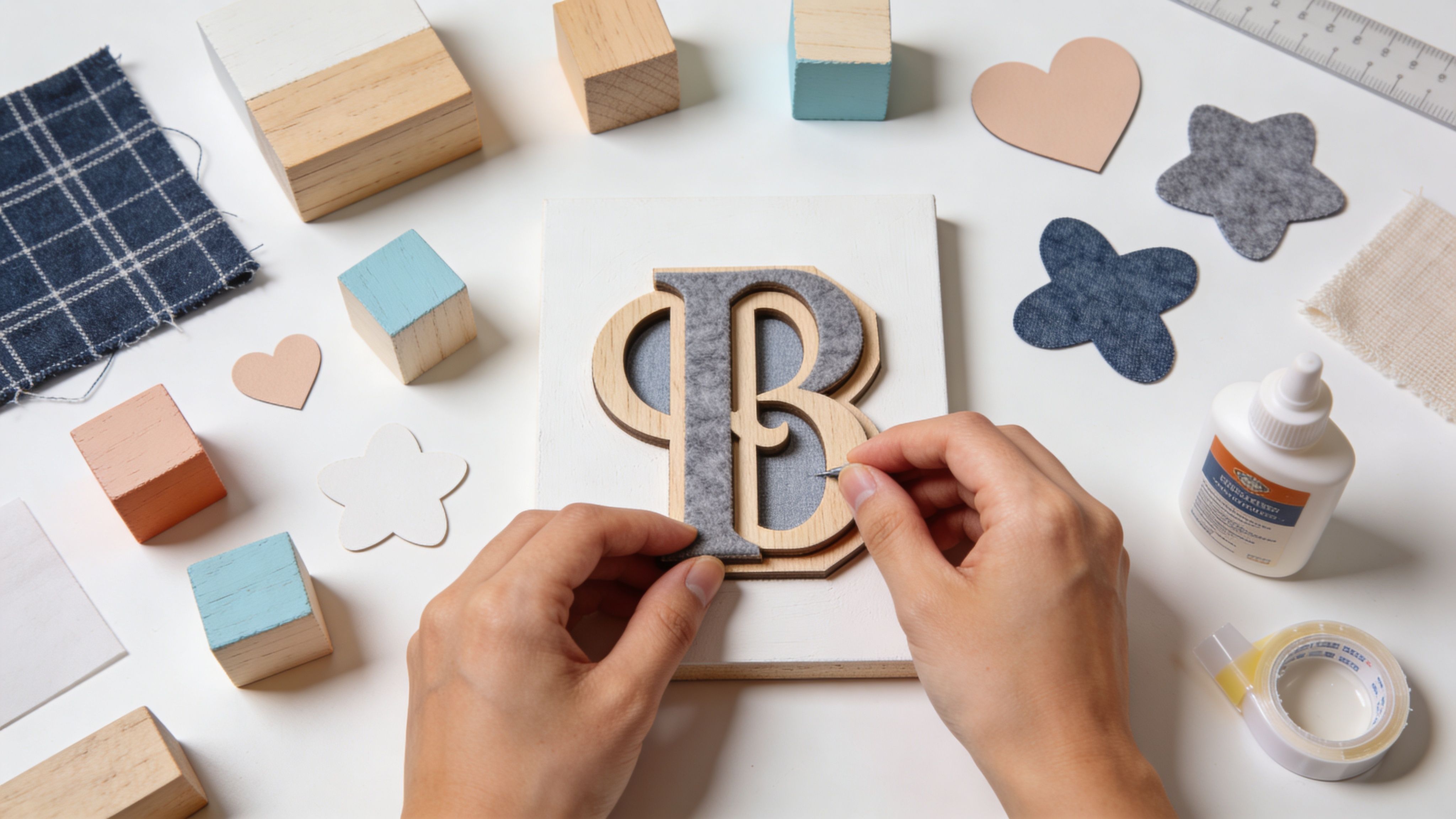 A person crafting 3D wall art by assembling wooden and felt letter decorations on a wooden plaque.