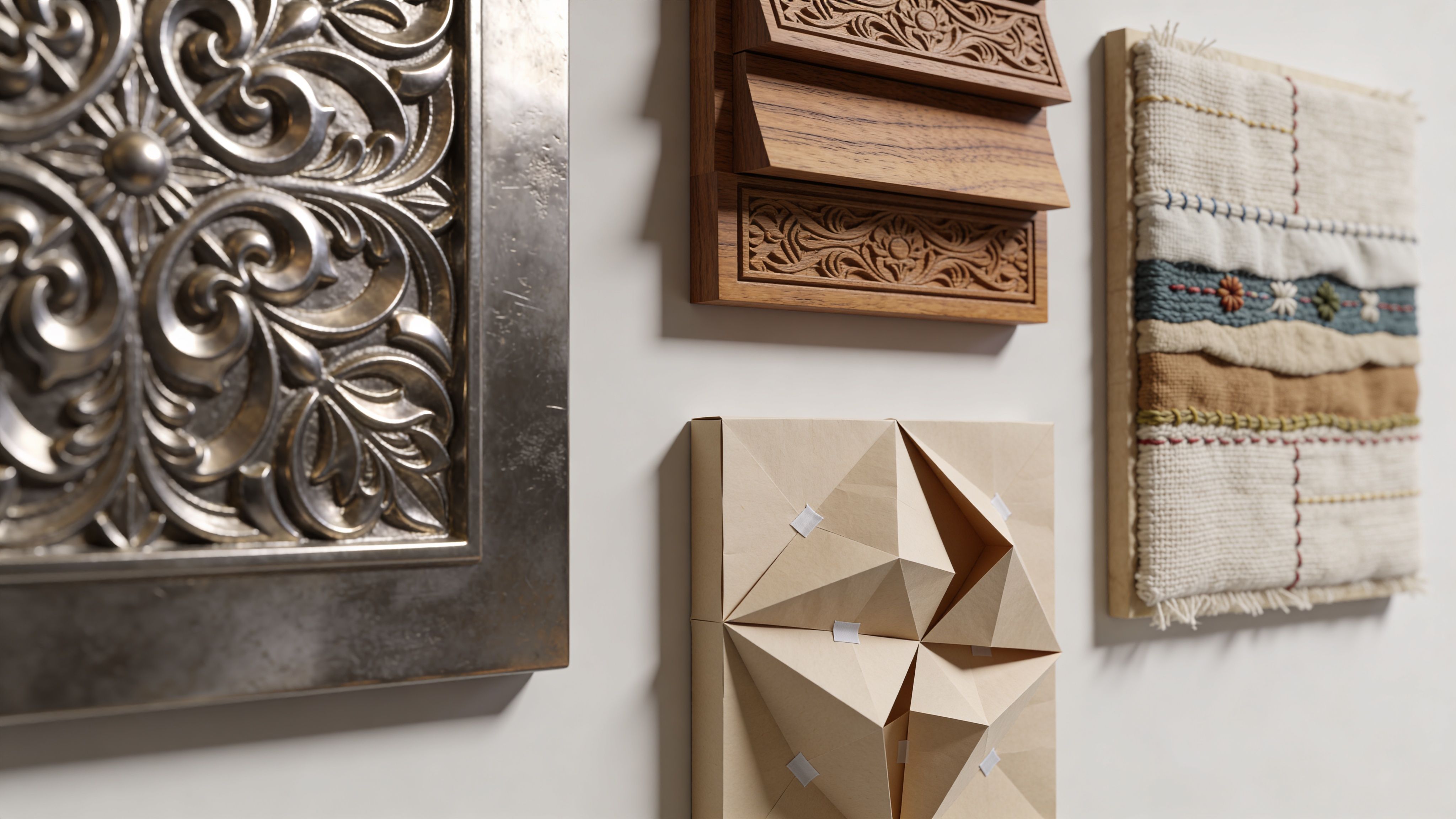 A diverse collection of modern and traditional decorative 3d wall art pieces mounted on a white wall.