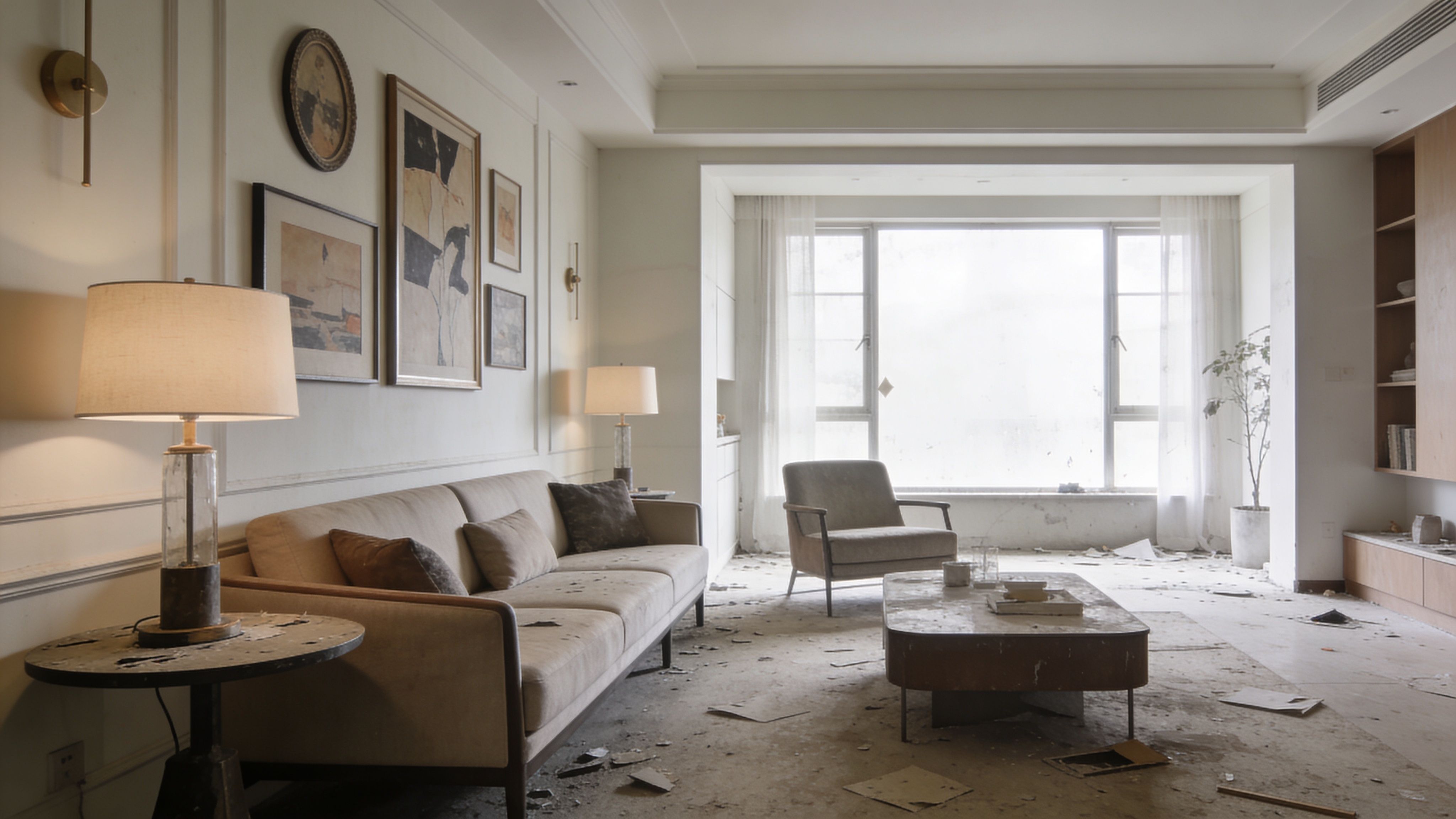 An elegant living room interior showing a sofa and armchair in a debris-covered room under construction.