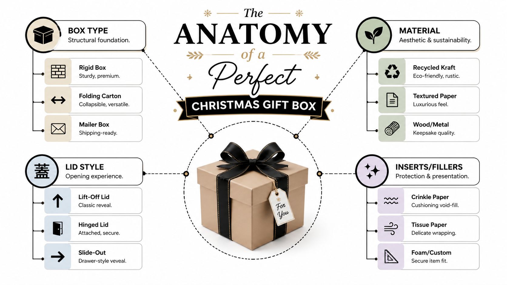 An infographic detailing the components of a perfect Christmas gift box, including types, styles, materials, and fillers.