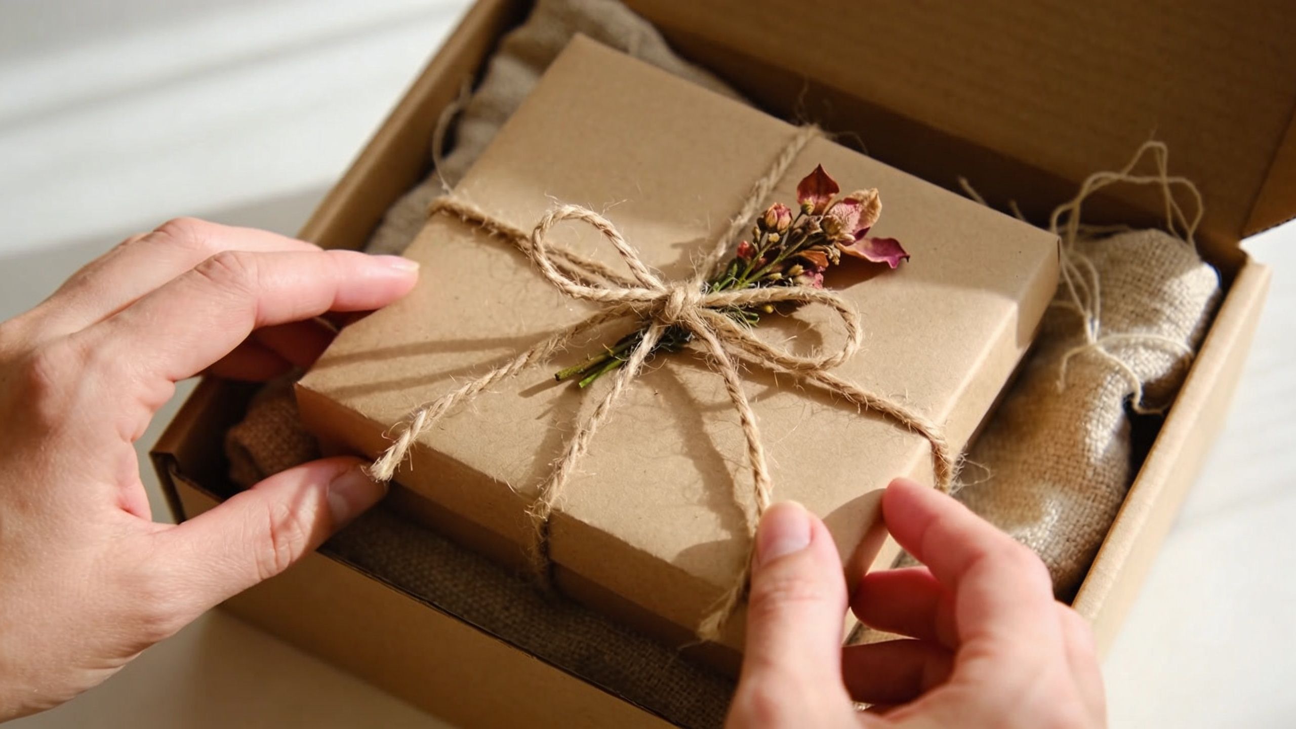 A person carefully places a small, rustic, brown gift box decorated with dried flowers into a shipping carton.