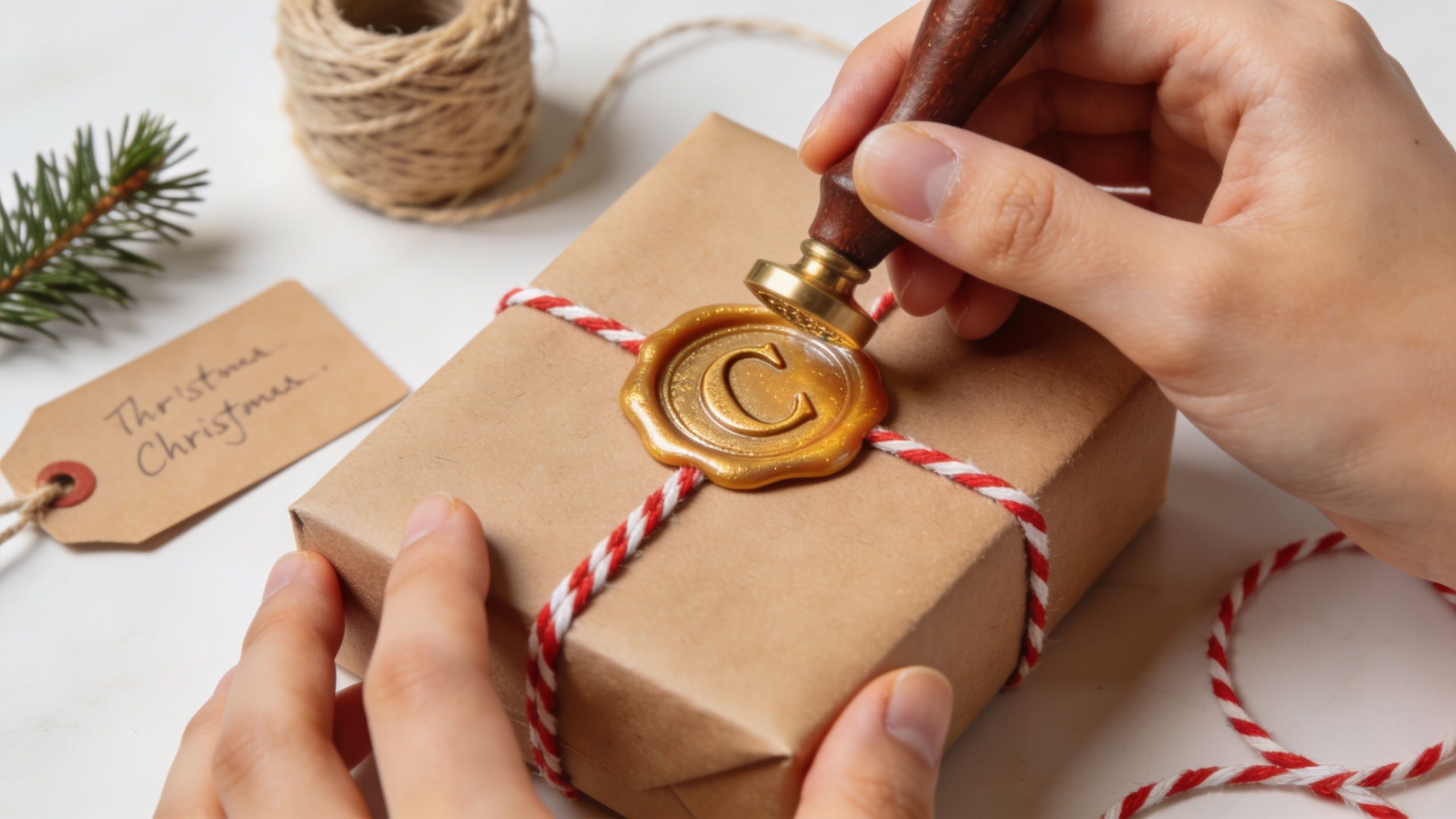 A person uses a wooden seal to press a wax C onto a wrapped Christmas gift box.