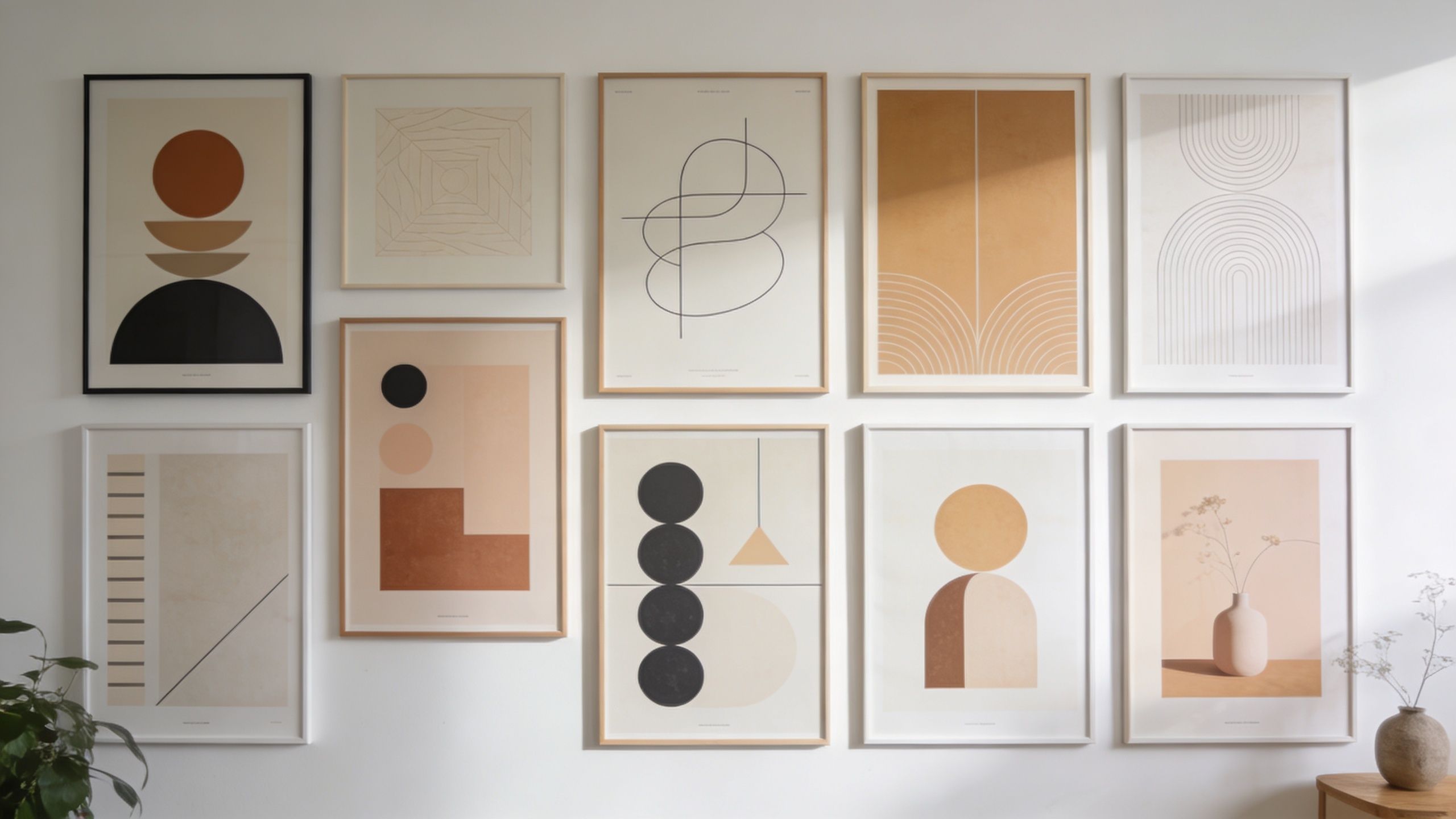 A gallery wall arrangement featuring ten minimalist art prints with geometric shapes and earthy neutral color tones.