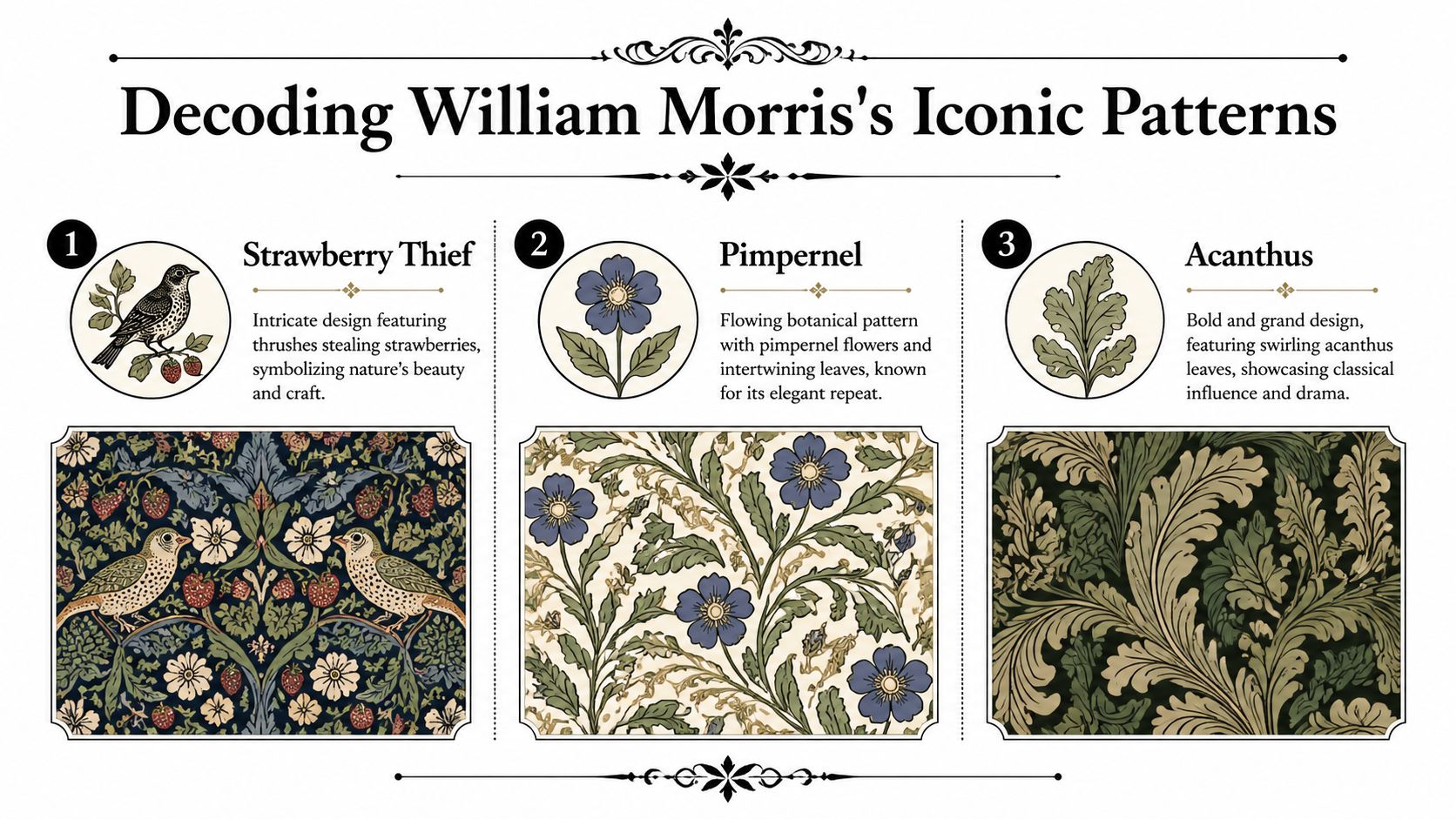 A visual guide illustrating three iconic botanical wallpaper patterns designed by the artist William Morris.