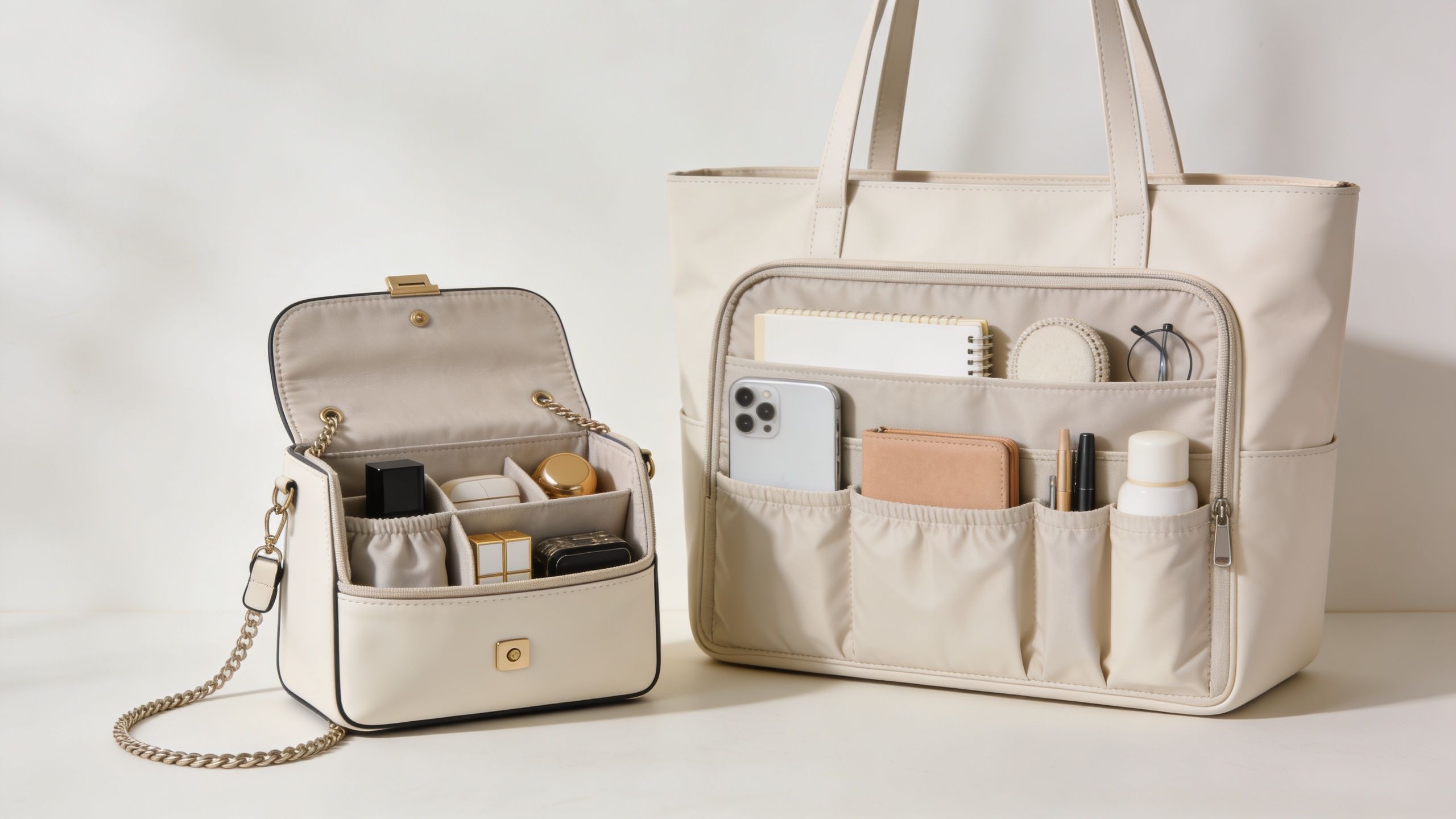A cream-colored handbag with a matching internal bag organizer standing on a clean white surface.